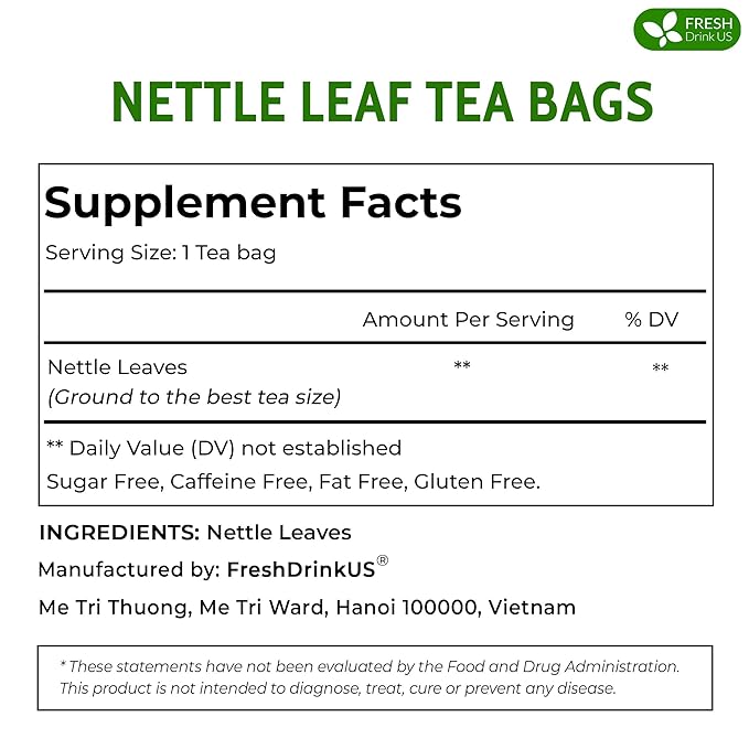 FreshDrinkUS, Premium 75 Nettle Leaf Tea Bags, 100% Natural & Pure from Nettle Leaves. Loose Leaf Nettle Herbal Tea. Nettle Leaf Tea. No Sugar, No Caffeine, No Gluten, Vegan.