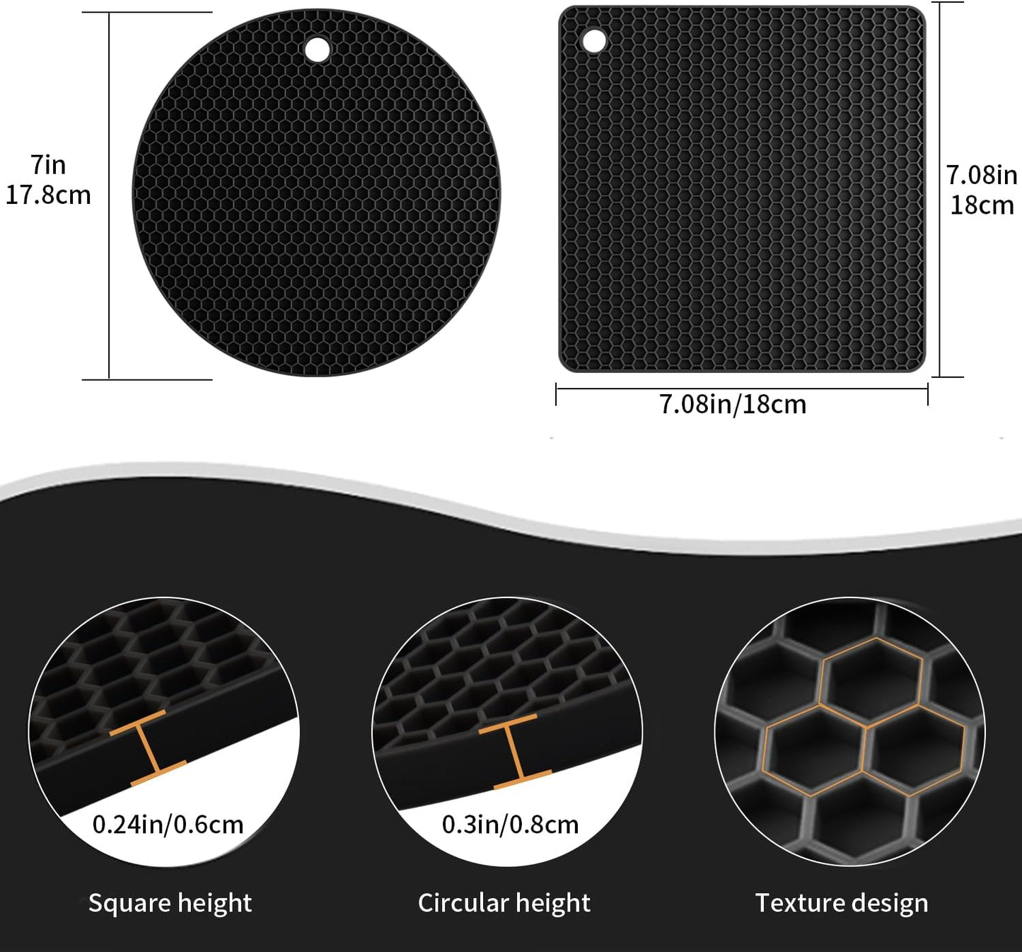 4 Pack Silicone Trivets for Hot Pots and Pans, Black Hot Pads Pot Holders, Non-Slip & Heat Resistant Silicone Mats for Kitchen Counter, Soft Durable Drying Mat, Jar Opener and Coasters, Black