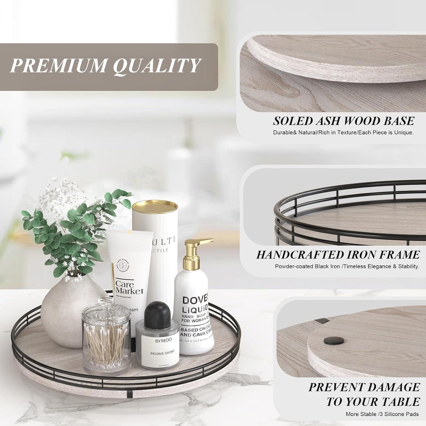 13" Oak Bathroom Vanity Tray Turntable for Perfume Candle, Round Wooden Decorative Tray for Kitchen Sink Countertop Organizer, Bathroom Counter Organizer for Skincare Makeup, Rustic White