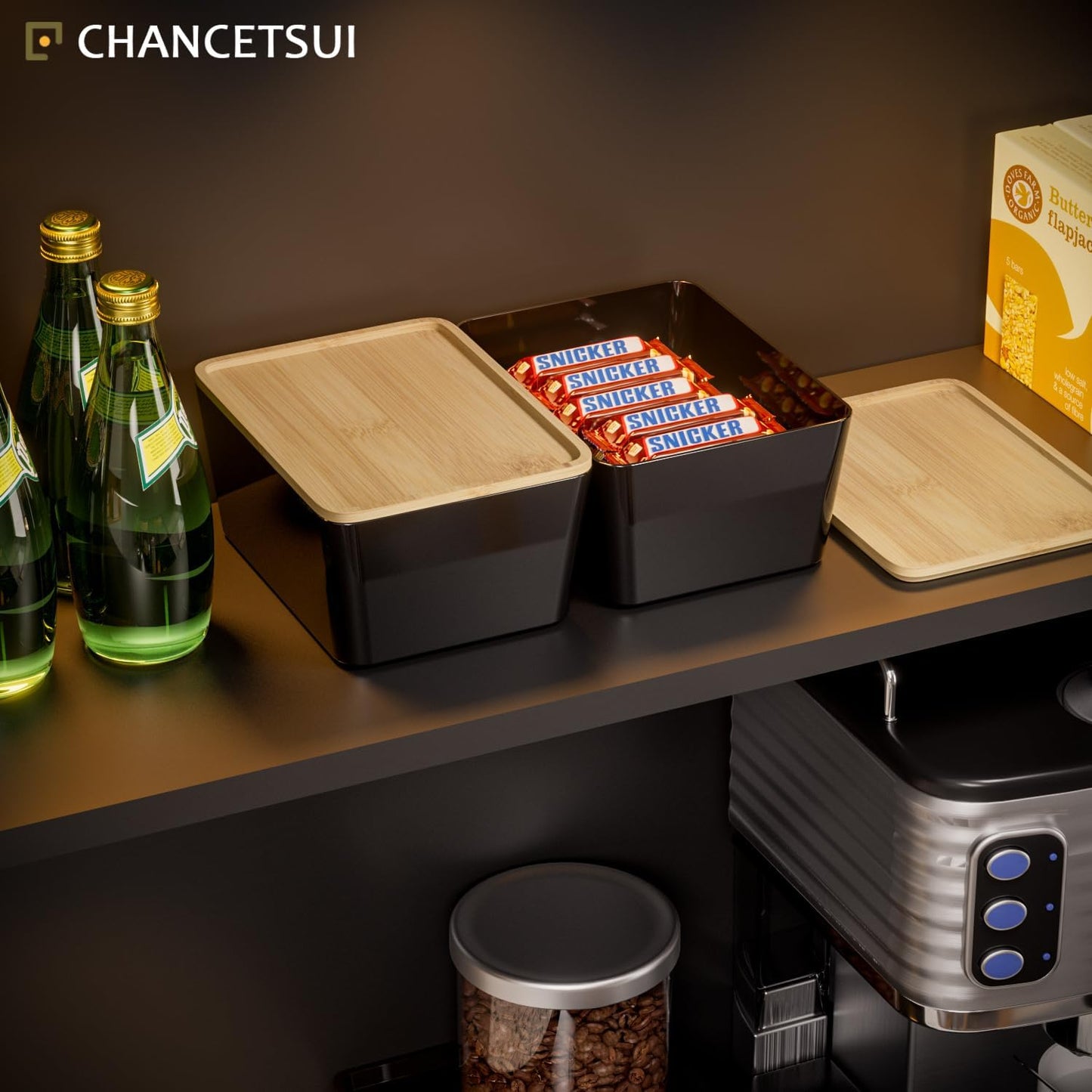 CHANCETSUI Stackable Storage Bins lids For Workplace: 5X7 Black Storage bins, Office Desk Accessories Storage Containers with Lids, Stackable Bins for Home and Office Organization, bamboo Lid, 2 Pack