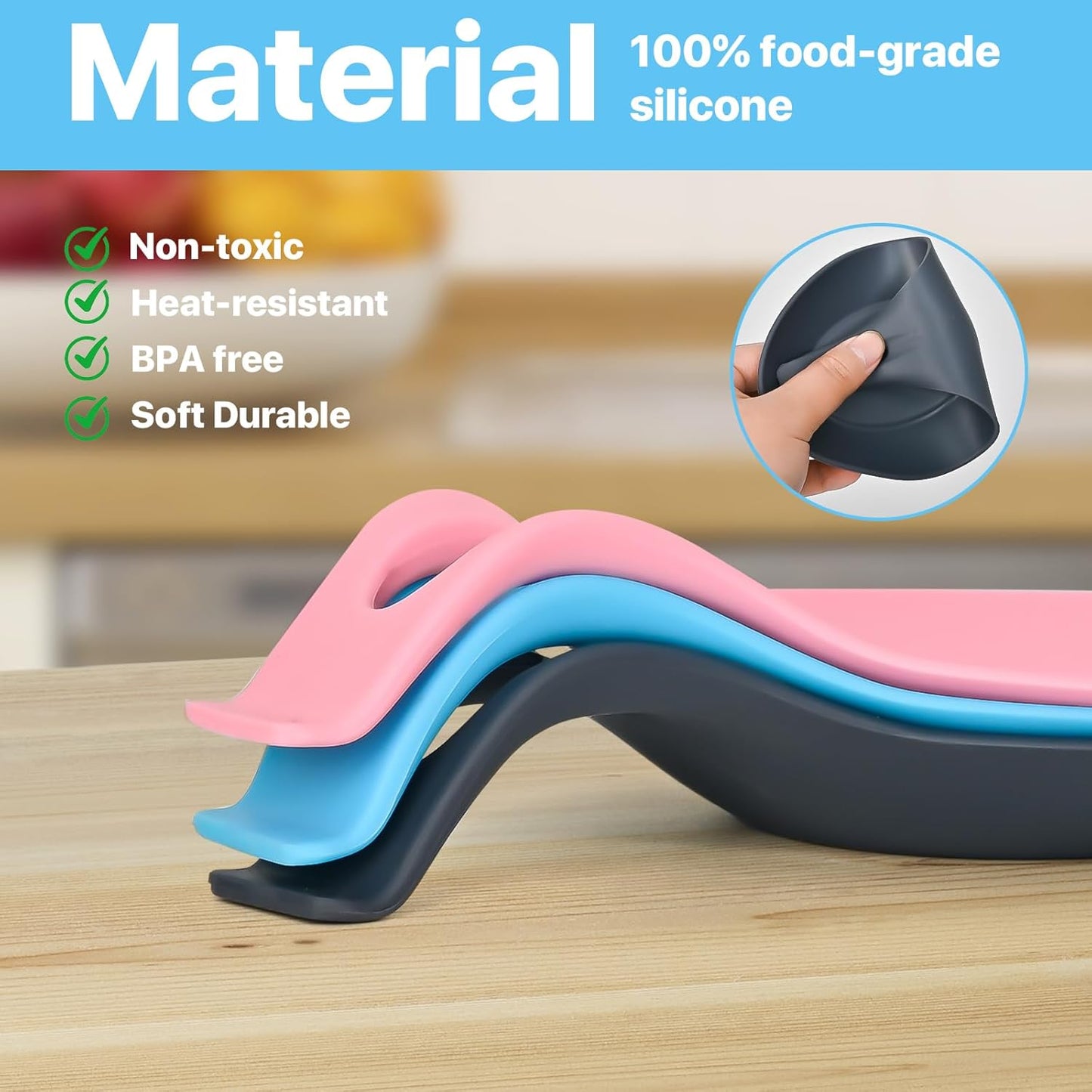 Spoon Rest for Stove Top, 3 Pack Large Silicone Spoon Holder for Kitchen Counter, Heat Resistant Cooking Spoon Holder, Microwave and Oven Safe (Pink, Grey, Blue)