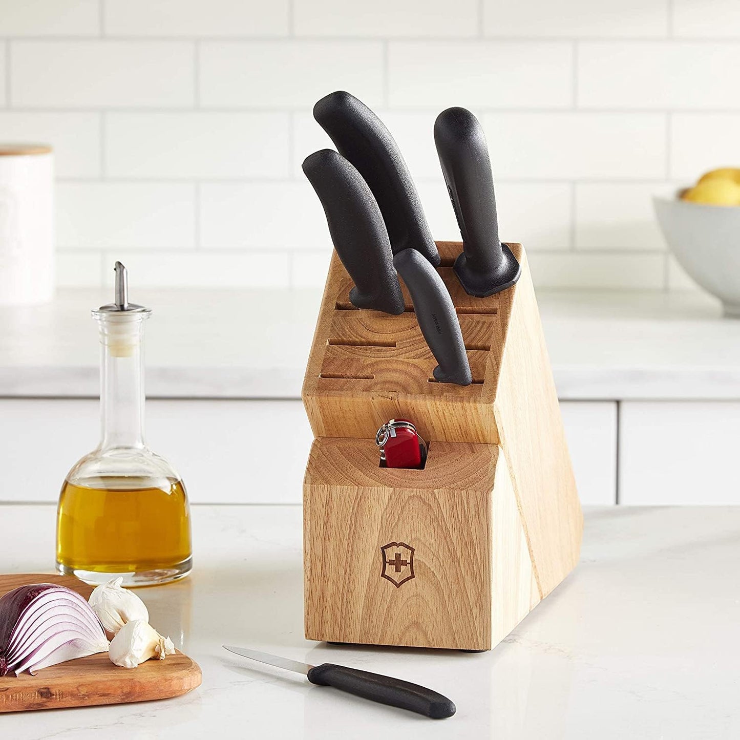 Victorinox Swiss Classic Knife Block - Kitchen Knife Set with Block for Home Essentials - Includes Chef's Knife, Bread Knife, Honing Steel & Pocket Knife - Black Handles, 7-Piece Set