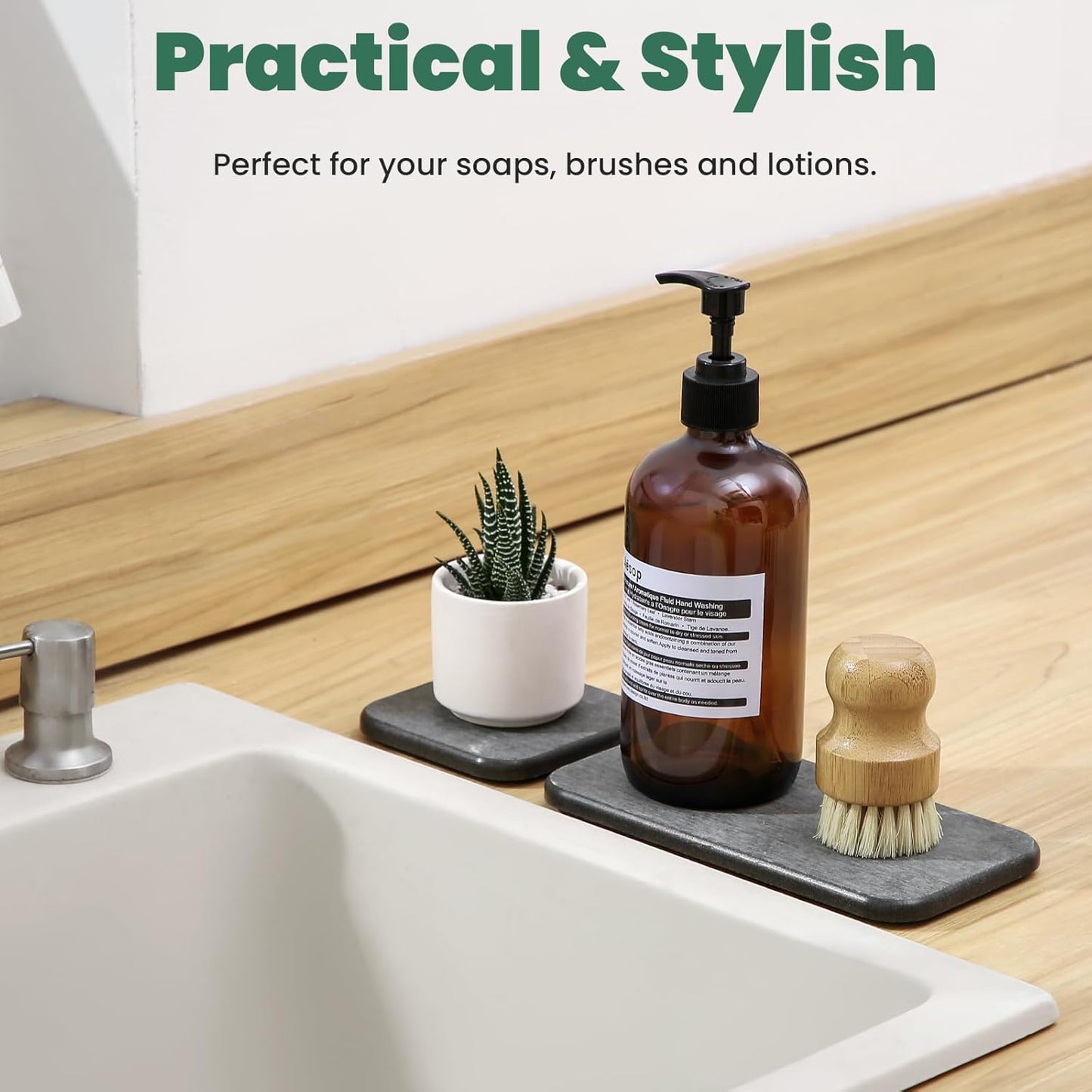 3PCS Water Absorbing Diatomaceous Earth Tray for Sink, Fast Drying Soap & Toothbrush Holders for Bathroom Counter, 1 Stone Tray, 2 Stone Coasters