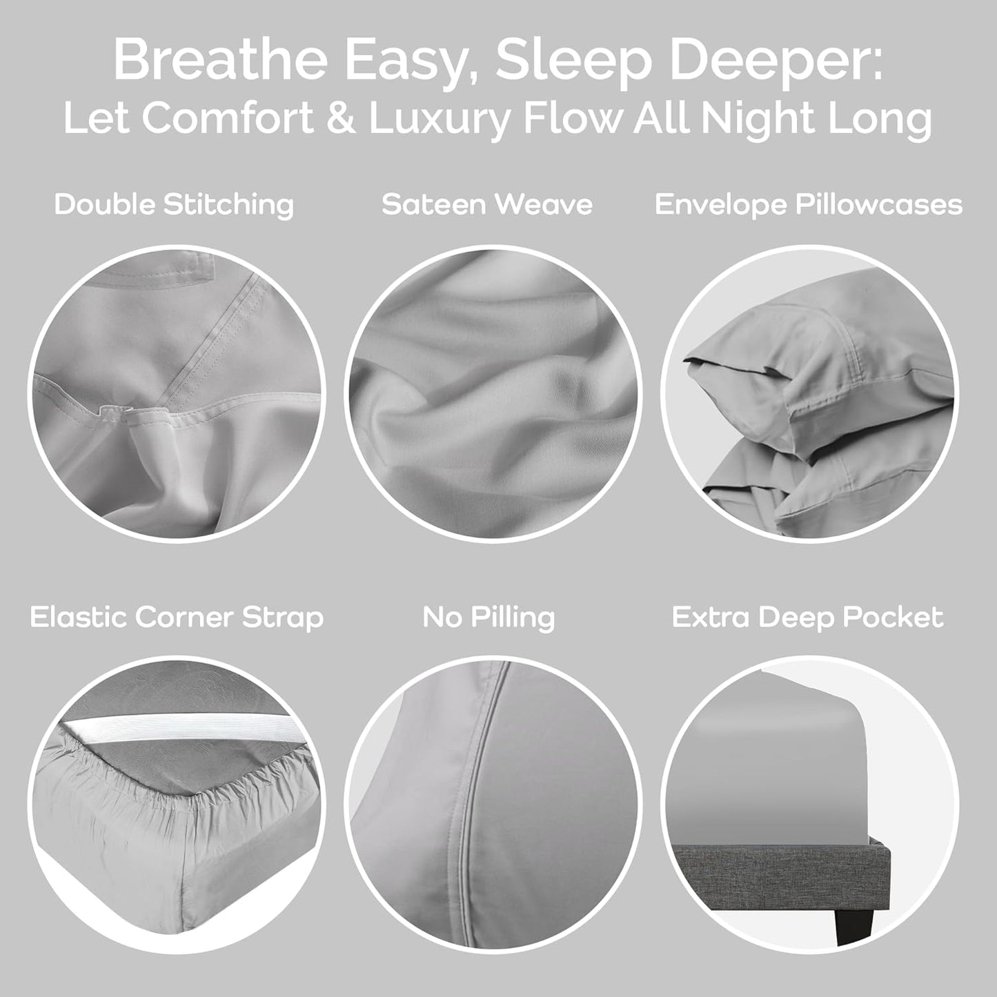 100% Viscose from Bamboo Sheets Queen Size, Super Soft Bedding Set, 4PC Cooling Sheets for Hot Sleepers, Vegan Silk Moisture Wicking, Organically Grown Bedsheet, Gray Mist - 60" x 80"