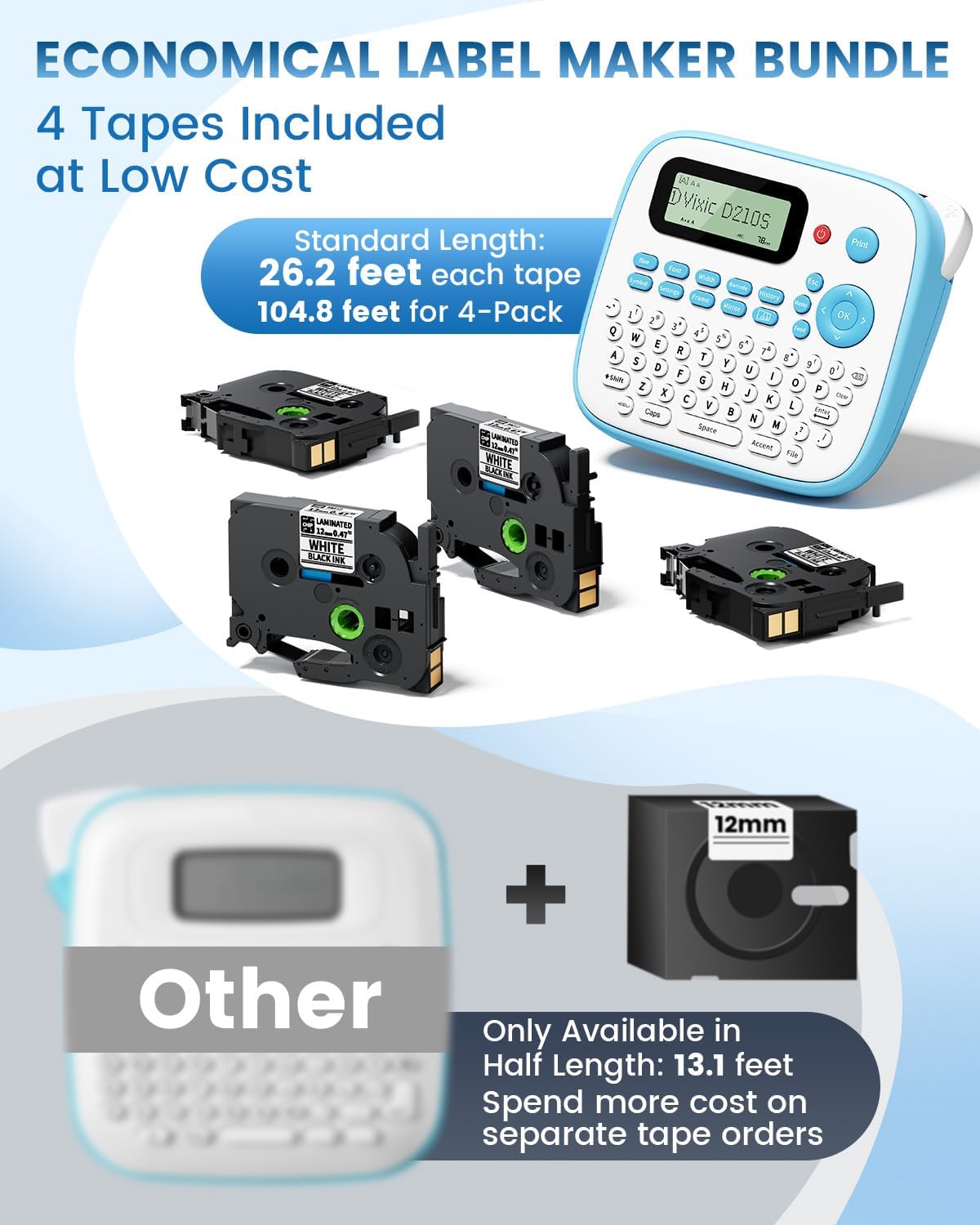 Label Maker Machine with Tapes, Label Maker Waterproof-Labels, Portable Label Makers Bundle 4 Label Tapes Included 12mm 0.47 Laminated White, D210S Handheld Labeling Machine for Home Office School