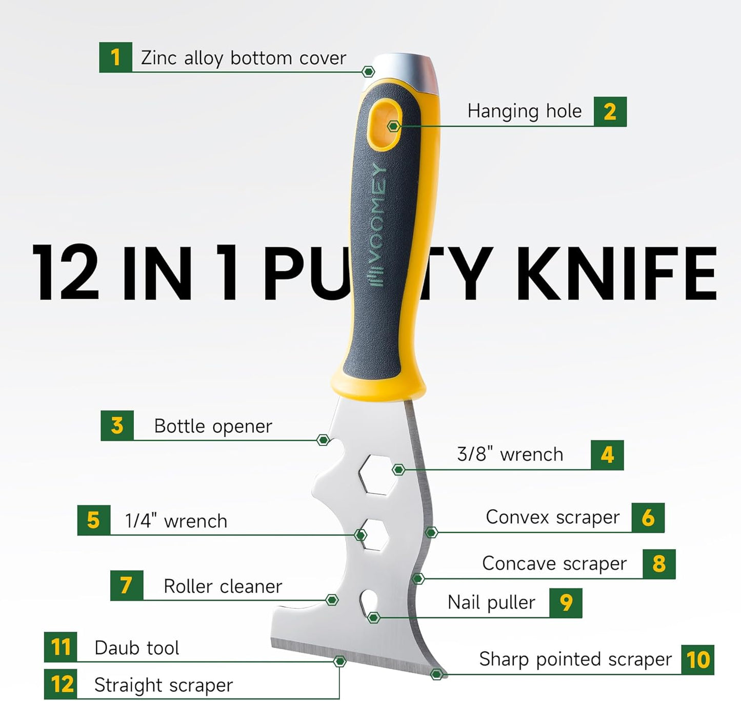 Voomey 12-In-1 Paint Scraper Tool, Multifunctional Putty Knife, Spackle Knife, Carbide Metal Scraper Used for Cleaning Paint Rollers, Removing Wall Cracks