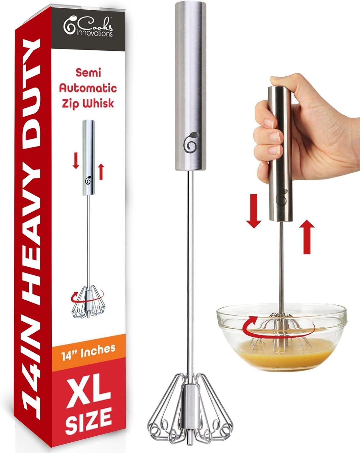14 Inch Stainless Steel Hand Whisk - Durable & Easy to Use Push-Down Zip Whisker - Rotary Hand Mixer for Beating Eggs, Frothing Milk, Blending, Mixing, Whipping Smoothies & Shakes - Kitchen Tools