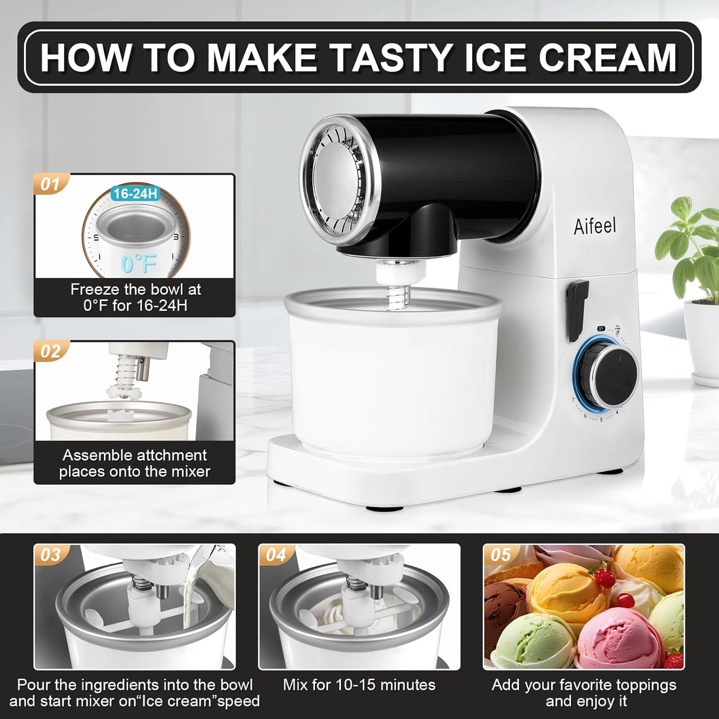 Aifeel Stand Mixer,6.5QT Kitchen Electric Mixer with 2QT Ice Cream Maker Bowl, 6 in 1 Multifunctional Bread Dough Mixer with Dough Hook,Wire Whip & Beater (Black-White)