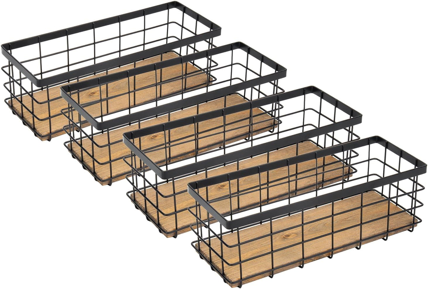 TIEYIPIN Farmhouse Small Metal Wire Storage Basket Bin, Rustic Home Storage Organizer with Wooden Bottom for Kitchen, Cabinets, Bathroom Counter, Pantry, Garage, Laundry Room - Black (4 Pack)