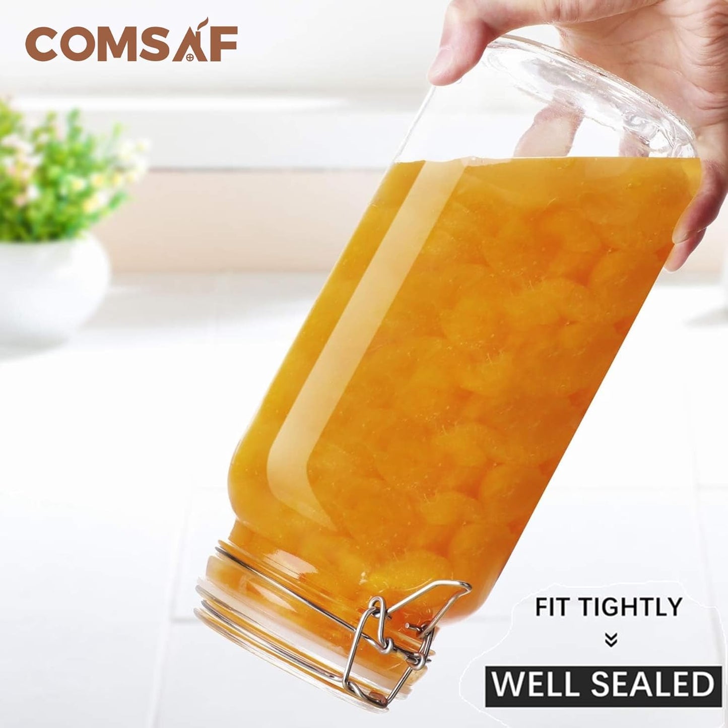 ComSaf Airtight Glass Jars with Lids 78oz Set of 3, Food Storage Canister Square - Storage Container with Clear Preserving Seal Wire Clip Fastening for Kitchen Canning Flour, Cereal, Pasta, Beans