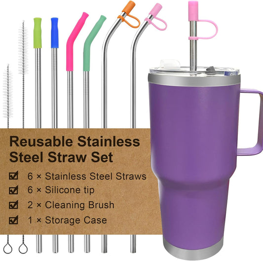 Reusable Stainless Steel Straws Set 6 PCS with 6 Silicone Tips, 2 Straw Brush, 1 Storage Case, Different Sizes of Metal Straws Reusable, Suitable for 14, 20, 30 oz Cups Tumbler，for Hot/Cold Drinks