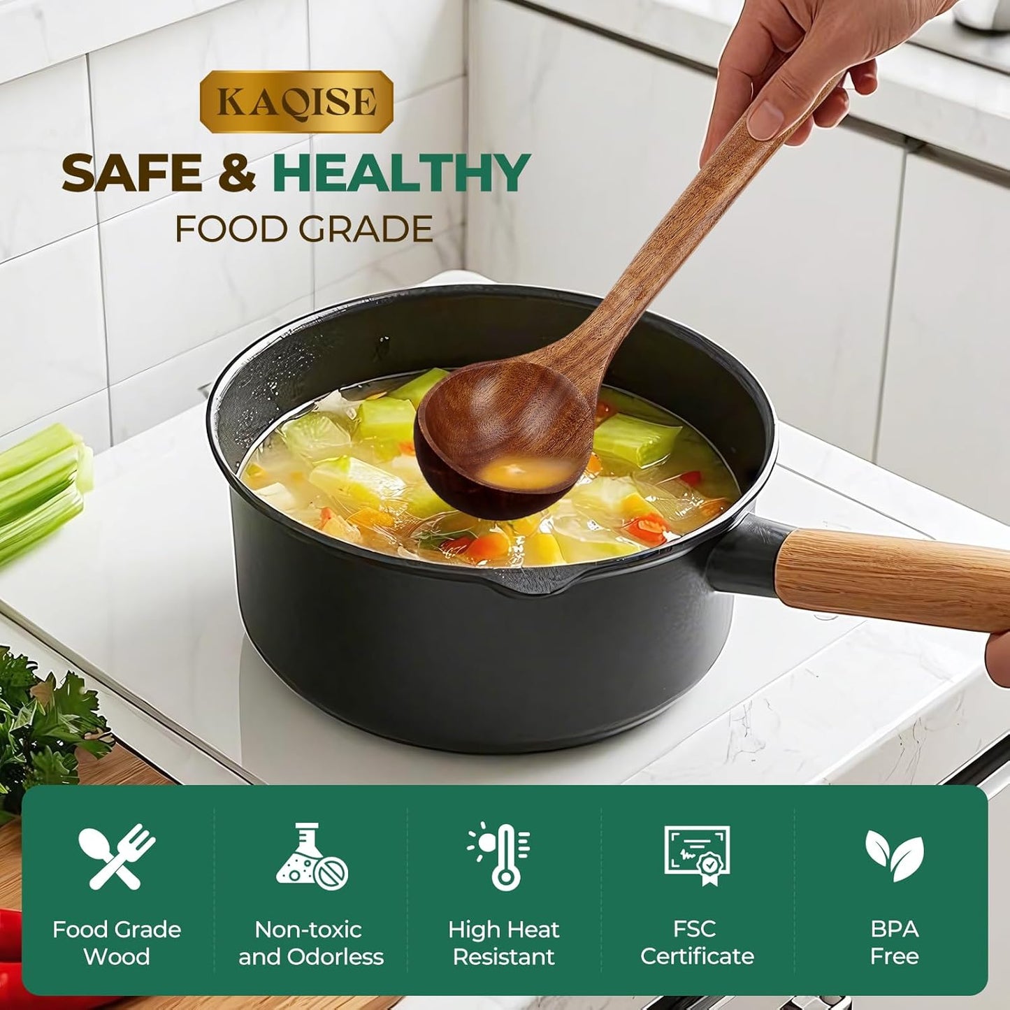 Wooden Spoons for Cooking, Teak Wooden Utensil Set, 2Pcs Kitchen Utensils, Large Cooking Spoons for Soup and Pasta Serving Mixing (Ladle & Pasta Scoop Strainer)