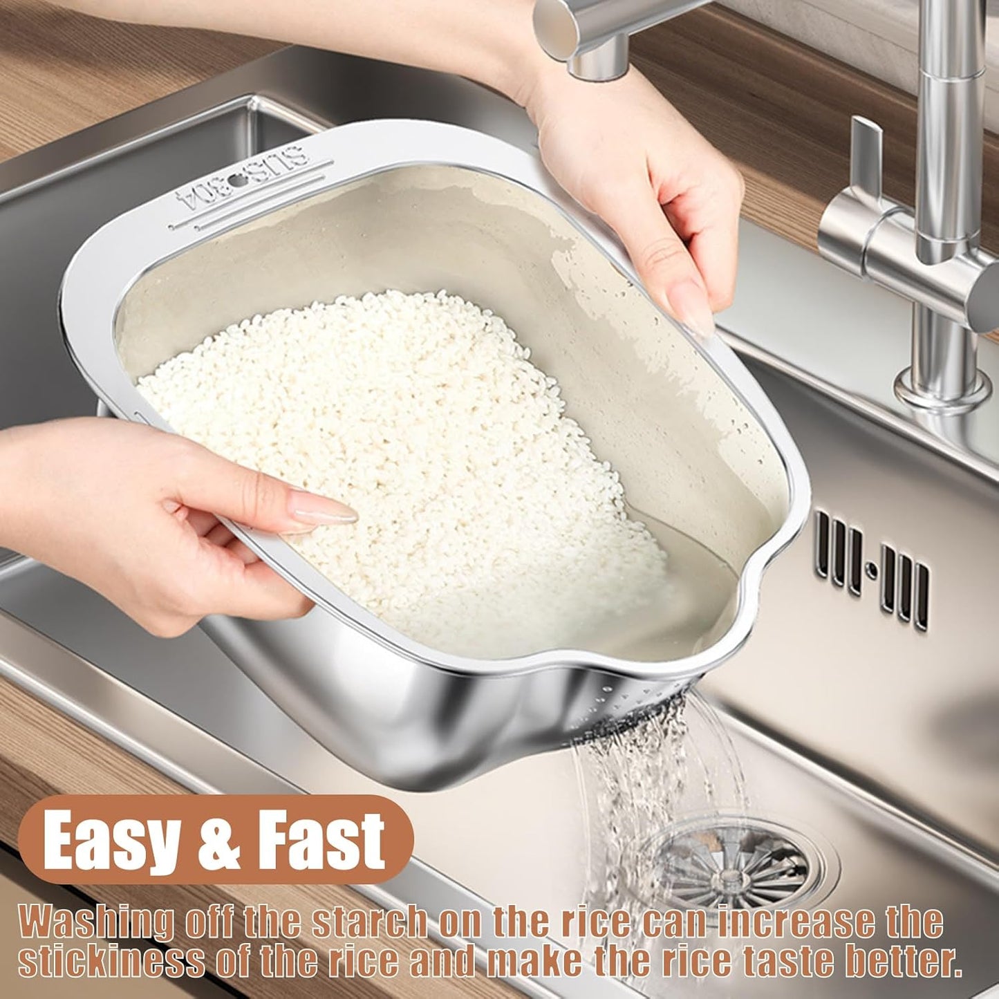 Rice Washer Strainer Bowl, Stainless Steel Washing Bowl whit Side Drainers, Versatile Square Quinoa Colander for Cleaning Rinsing Fruits, Vegetables, and Beans - Multifunctional Drain Basket