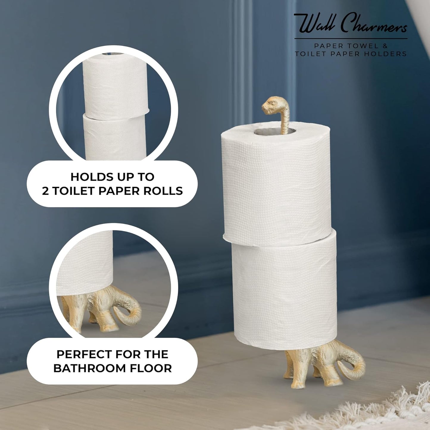 WallCharmers Gold Paper Towel Holder, Metal Toilet or Kitchen Paper Holder for Floor or Countertop, Gold Dino