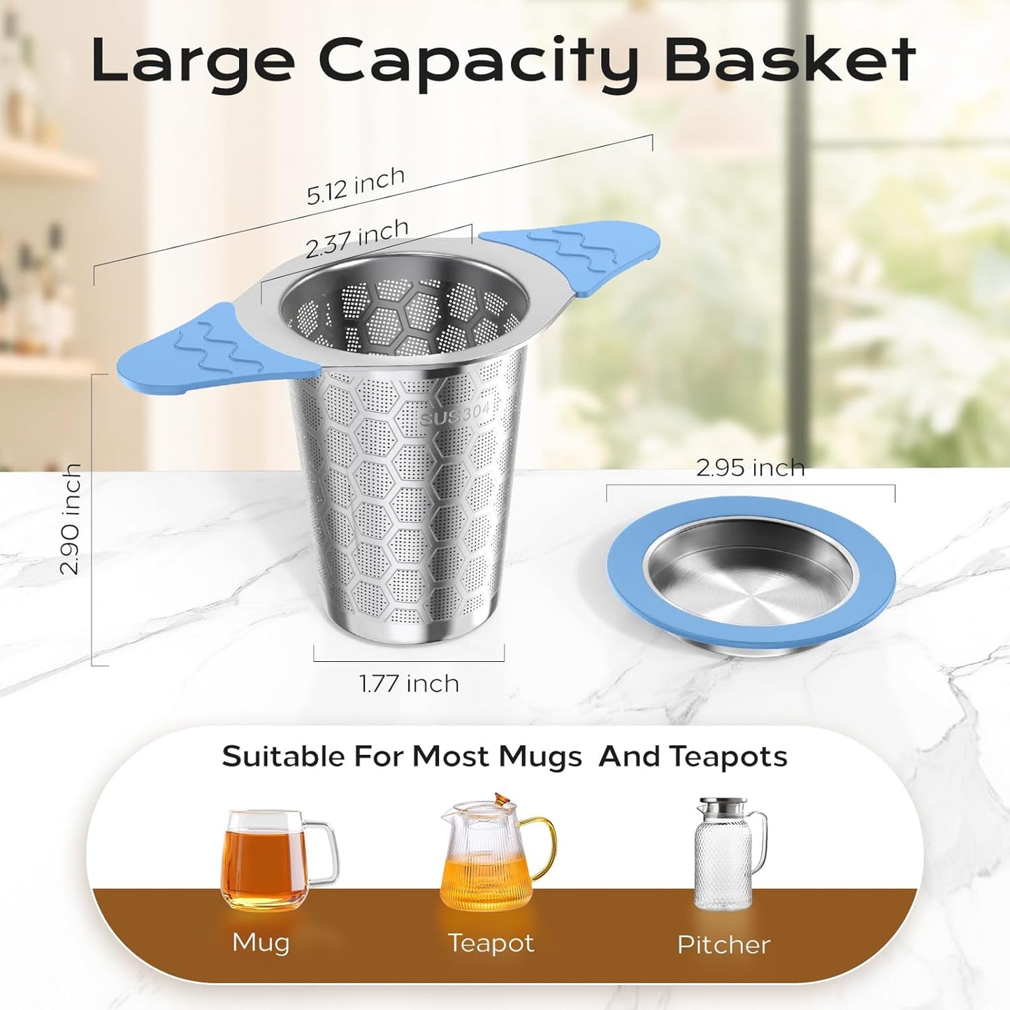 Tea Infuser for Loose Leaf Tea,18/8 Stainless Steel Tea Infuser with Heat Proof Silicone Handles,Extra Fine Mesh Tea Strainers Filter Fine Tea Leaves Effectively,Fits TeaPots/Mugs-4Pack