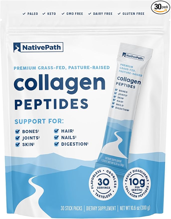 NativePath Collagen Peptides Protein Stick Packs - Hydrolyzed Type 1 & 3 Collagen Powder for Skin, Hair, Nails - 30 Servings