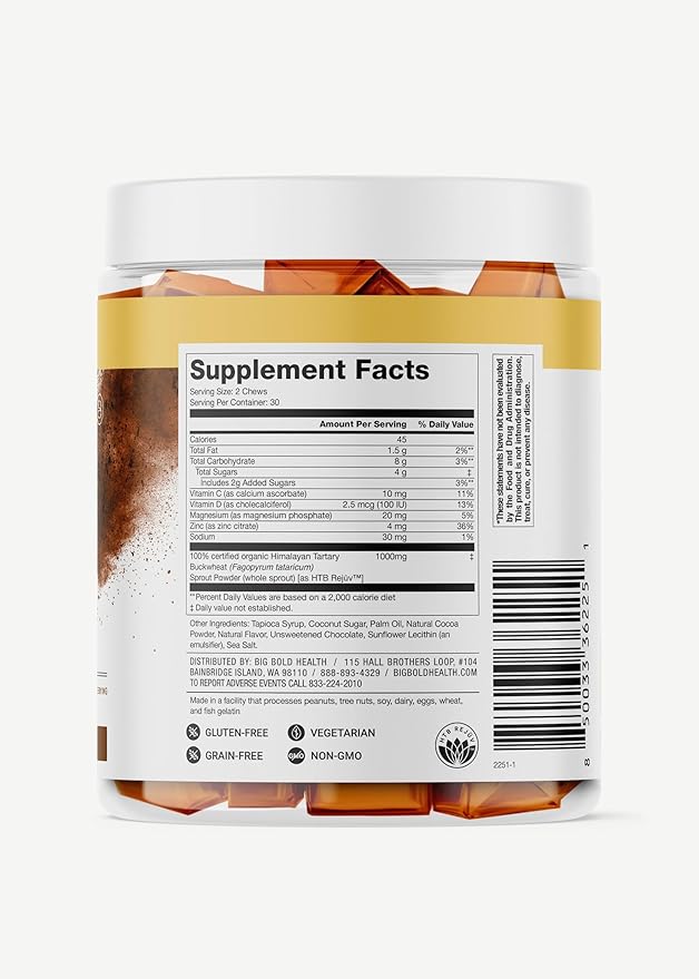 BIG BOLD HEALTH HTB Immune Energy Chews, Organic Sprouted Buckwheat with Vitamin D, Vitamin C, Zinc and Magnesium. Flavored with Delicious Real Cocoa Powder.