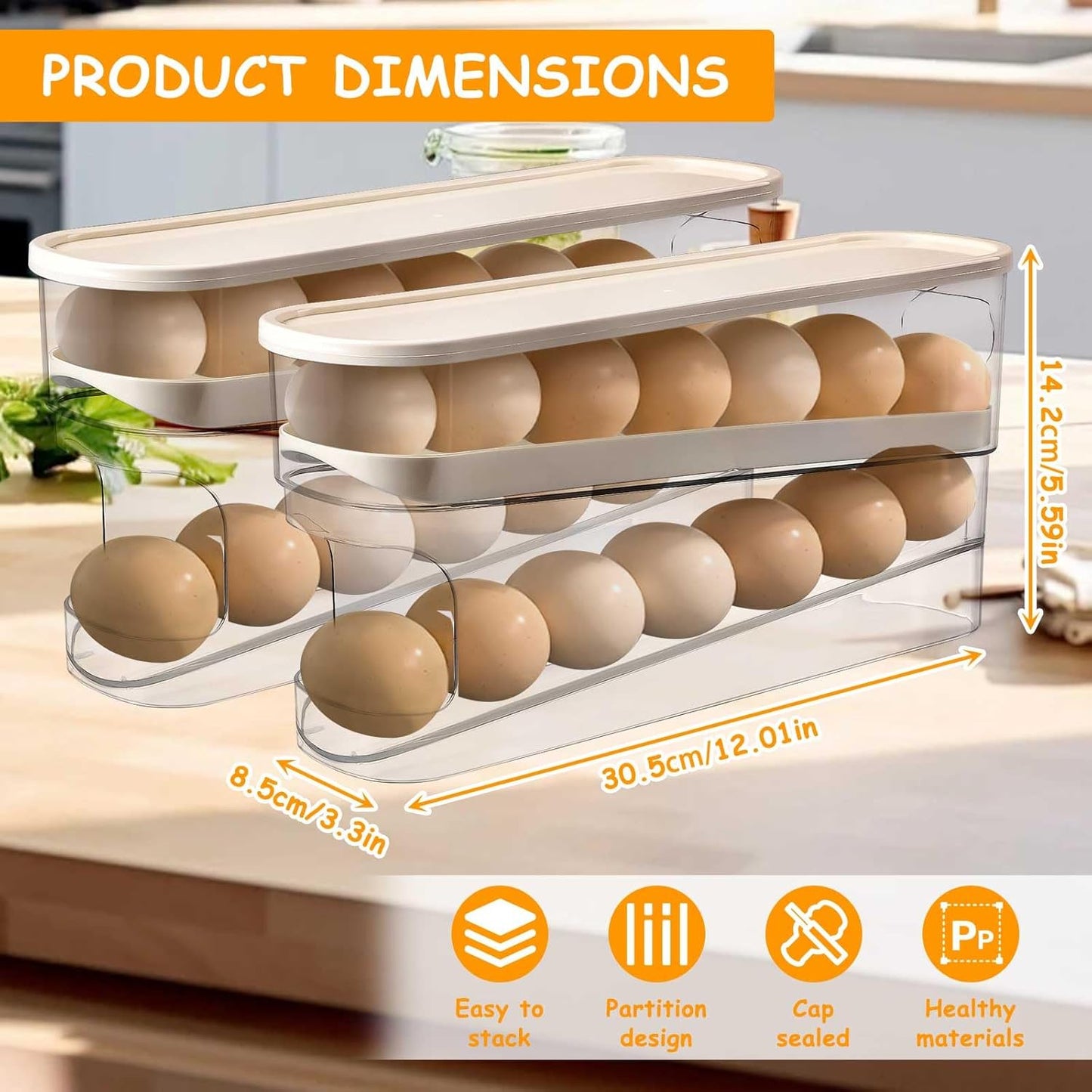 Longzhuo Egg Holder for Fridge, 2 Pcs 2 Layers Auto Rolling Egg Organizer for Refrigerator, for Refrigerator, Countertop, Pantry Organizers and Storage, Clear