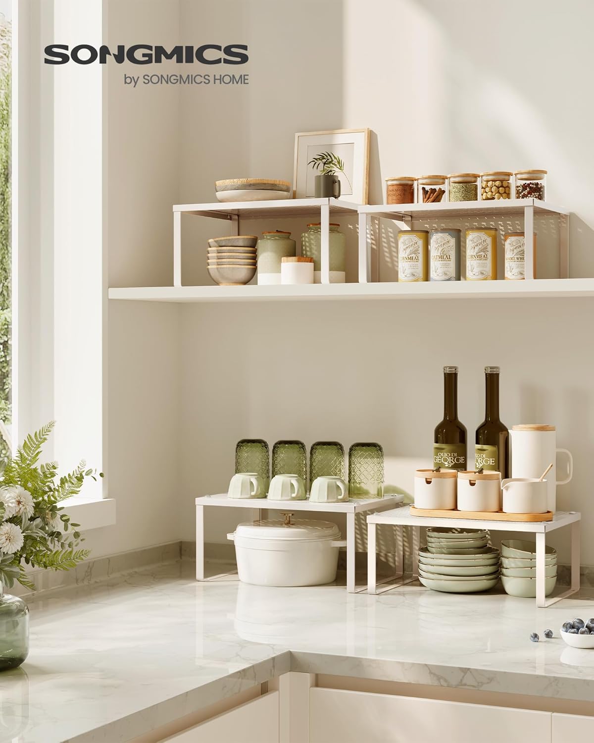 SONGMICS Spice Racks, Set of 2 Metal Cabinet Shelf Organizers, Countertop Organizers, Shelf Risers, Stackable, Expandable, Oatmeal Beige UKCS001K01