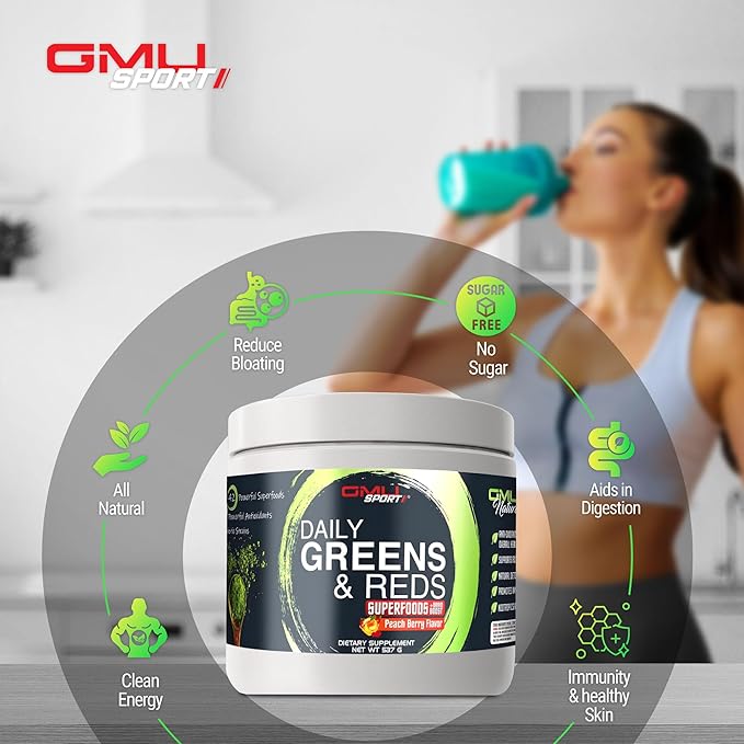 GMU SPORT Daily Greens and Reds, Super Greens Powder, 42 Superfoods, Probiotics, Adaptogens, Antioxidants for Gut Health, Superfood Powder for Mental Focus, Organic Greens Powder - Peach Berry Flavor