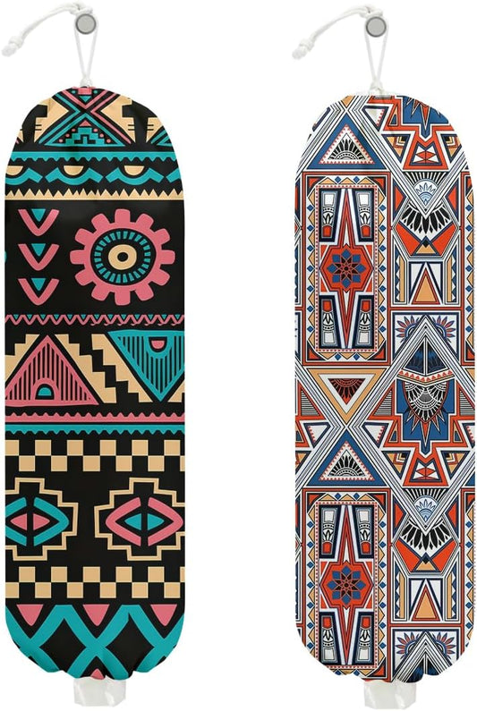 2 Pcs Retro Boho Plastic Bag Holder, Wall Mount Grocery Bag Holder for Plastic Storage bag, Abstract Art Farmhouse Kitchen Decor Reusable Grocery Bags Organizer Storage Dispenser, Gifts for Women