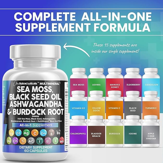 Clean Nutraceuticals Sea Moss Black Seed Oil Ashwagandha Turmeric Bladderwrack Burdock & Vitamin C Vitamin D3 with Elderberry Manuka Dandelion Yellow Dock Iodine Chlorophyll ACV