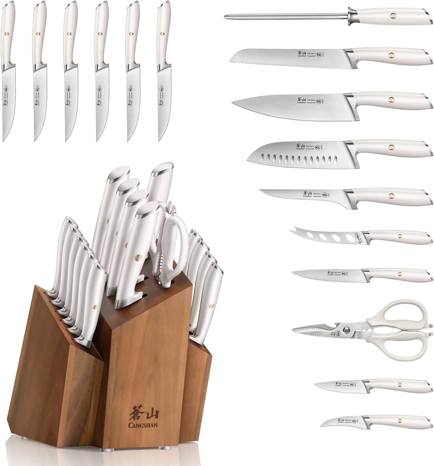 Cangshan L1 Series 17-Piece SHAN Knife Block Set, Forged German Steel, White, 1026856