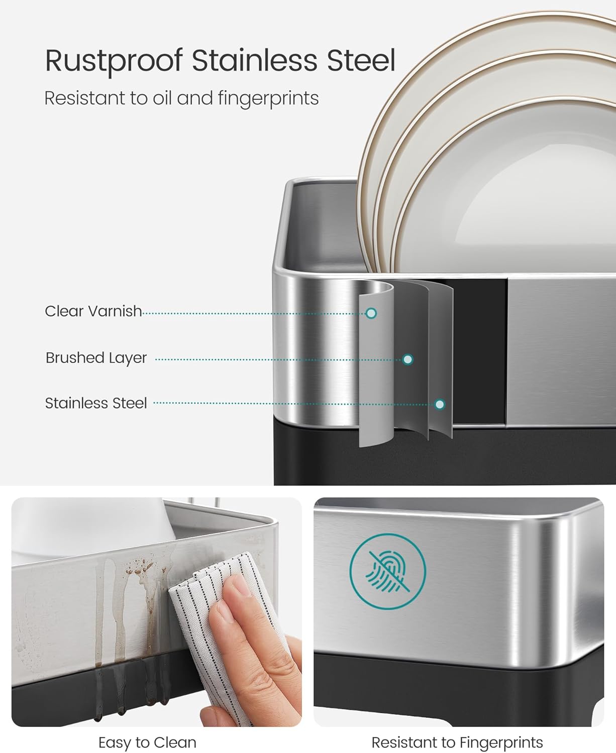 SONGMICS Large Dish Drying Rack, Expandable Dish Dryer for Kitchen Counter, Stainless Steel Dish Rack with Rotatable Spout, Utensil, Cup, Glass, Cutting Board, Pan Holders, Silver and Black UKCS037B01