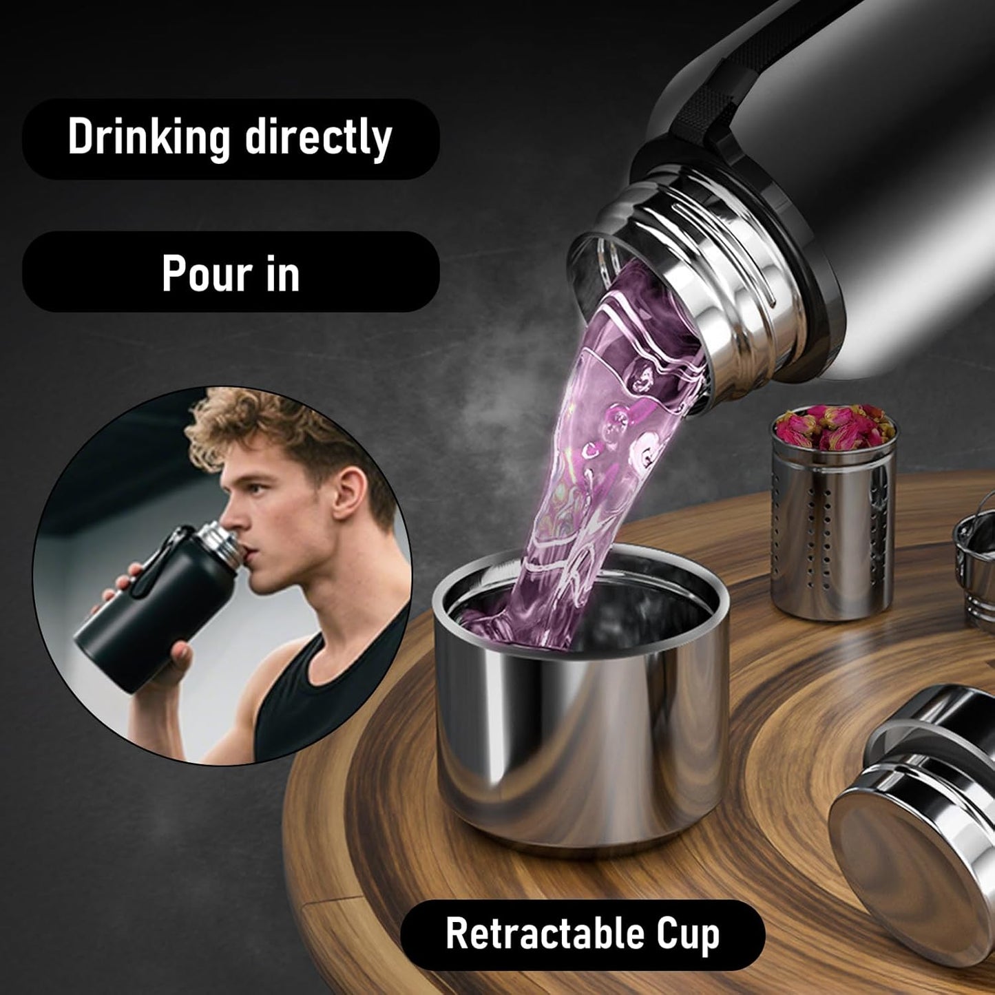 Stainless Steel Water Bottle 20oz, Double Wall Vacuum Metal Water Bottle Meta, Suitable for Gym, Hiking, Camping, Detachable Tea Infuser & Storage-Ready cup,Stainless Steel Bottle