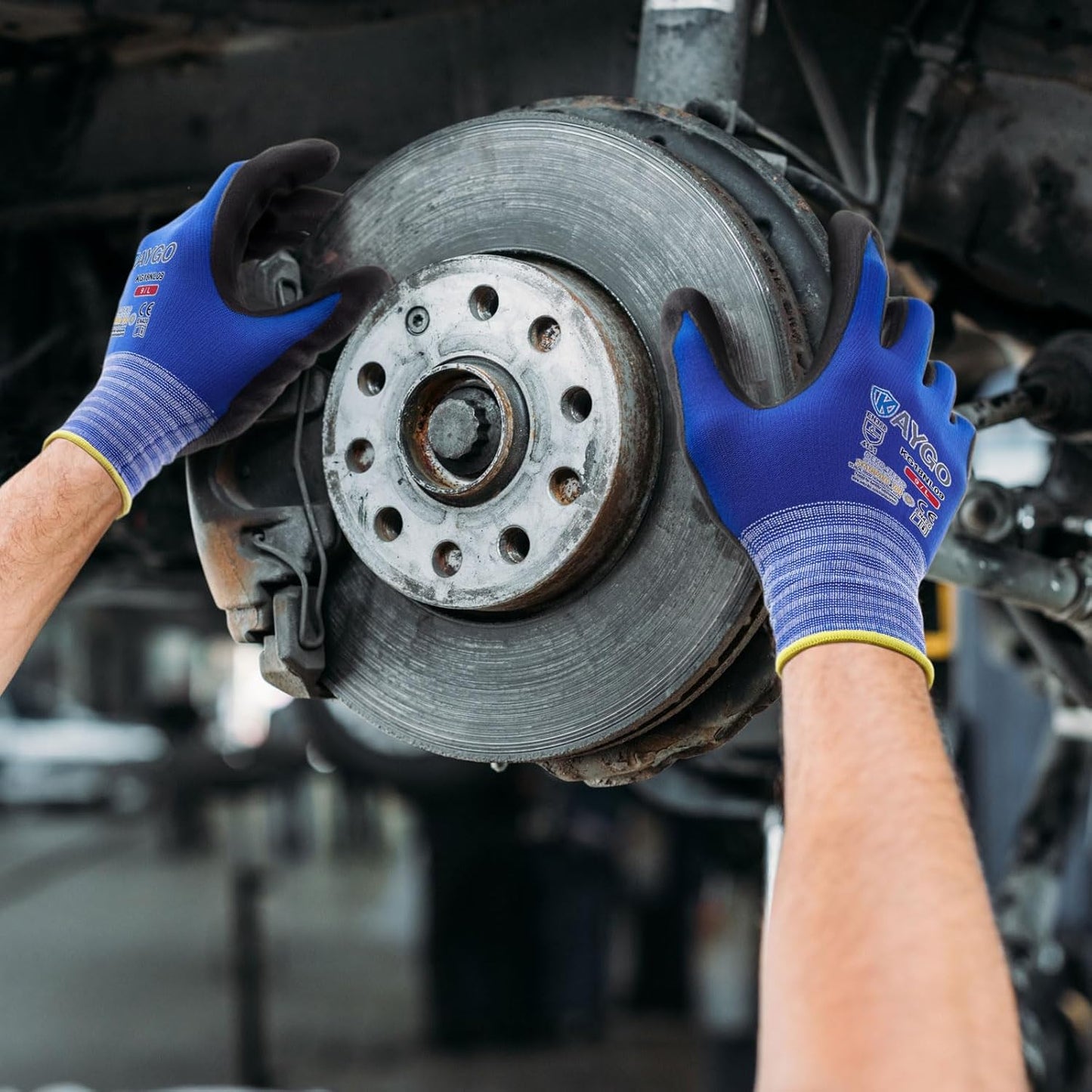 KAYGO Safety Work Gloves MicroFoam Nitrile Coated, 12 Pairs KG18NB,Seamless Knit Nylon Glove with full fingers Touchscreen, Ideal for Automotive,Warehouse,Construction (Large, Blue)