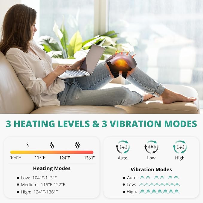Medcursor Knee Massager with Heat, Portable Massager with 3 Heating Levels and 3 Vibration Modes, Large LED Screen, Adjustable Straps and Timer
