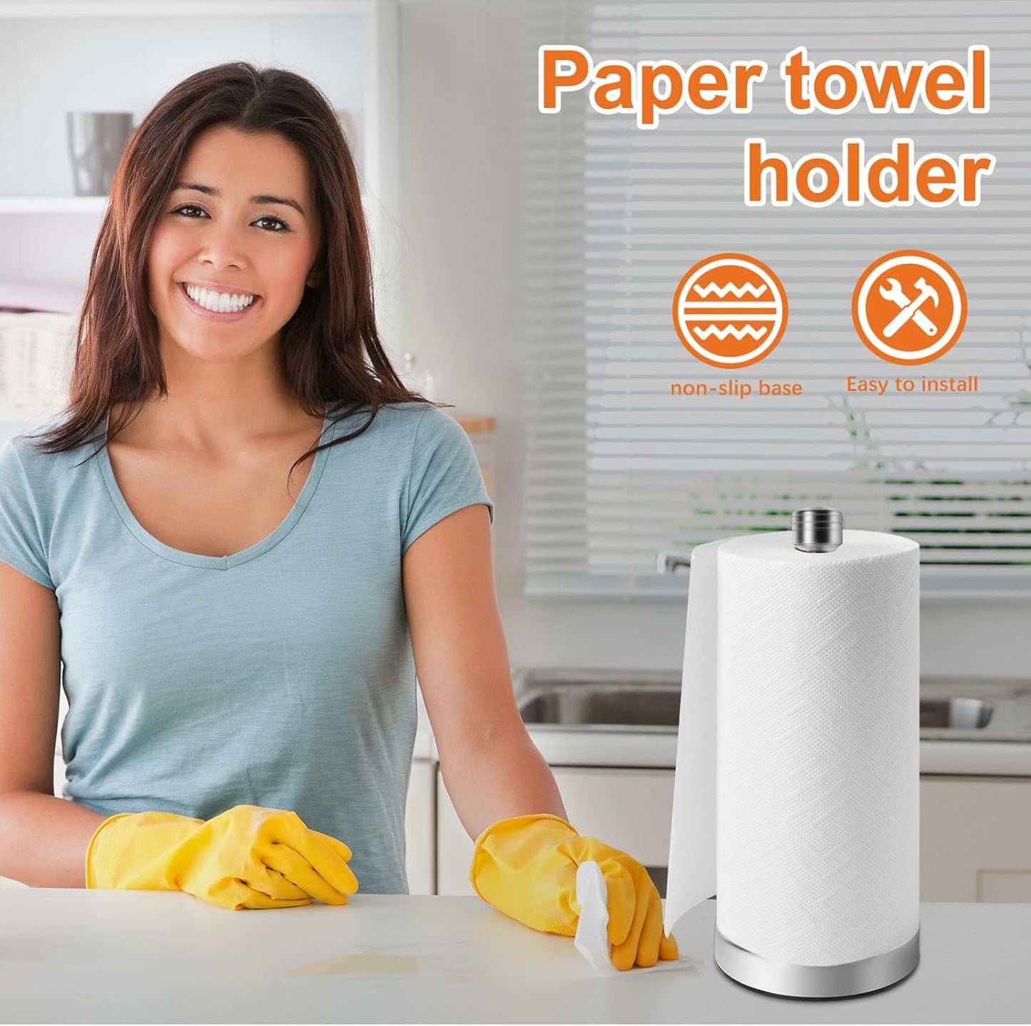 Stainless Steel Silver Paper Towel Holder Designed for Easy One-Handed Operation - This Sturdy Weighted Paper Towel Dispenser Countertop Model Has Suction Cups and Holds All Paper Towel Rolls