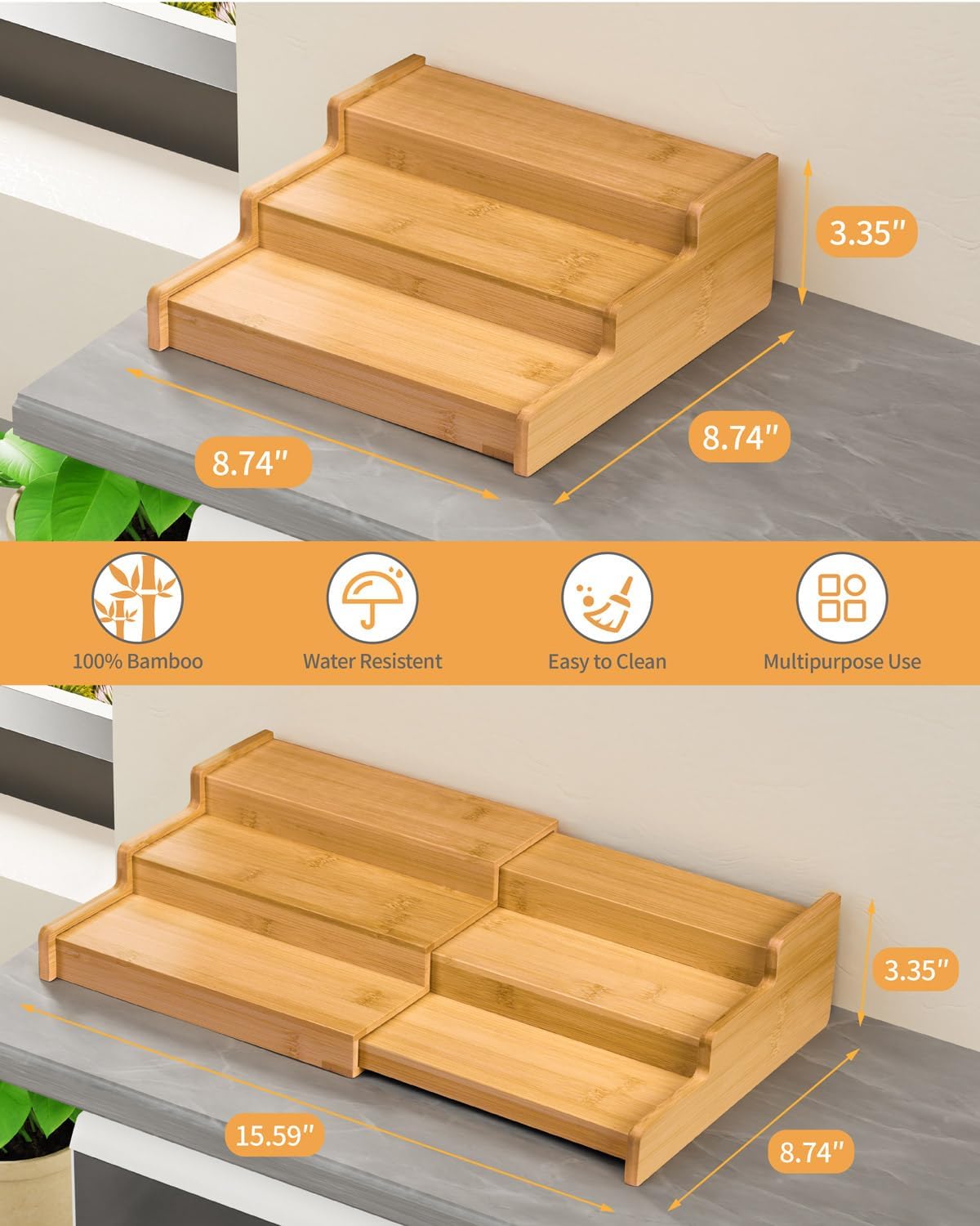 Spice Rack Organizer, 3 Tier Expandable Bamboo Spice Rack Organizer, Great for Kitchen Cabinet, Cupboard, Pantry and More-Bamboo(2pack)