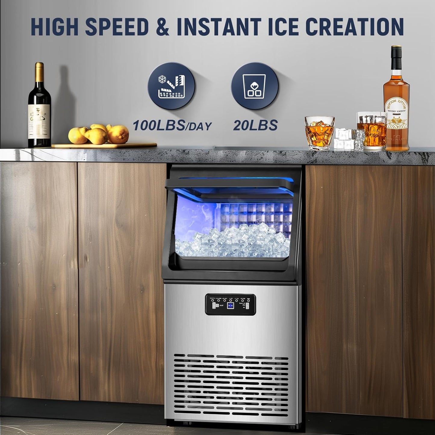 100LBS/24H High Output - Commercial Ice Maker with 20LBS Storage Bin - Dual Water Inlets, 36 Ice Cubes/Cycle, 15" Compact Undercounter/Freestanding Design - Self-Cleaning for Home Bars, Outdoor