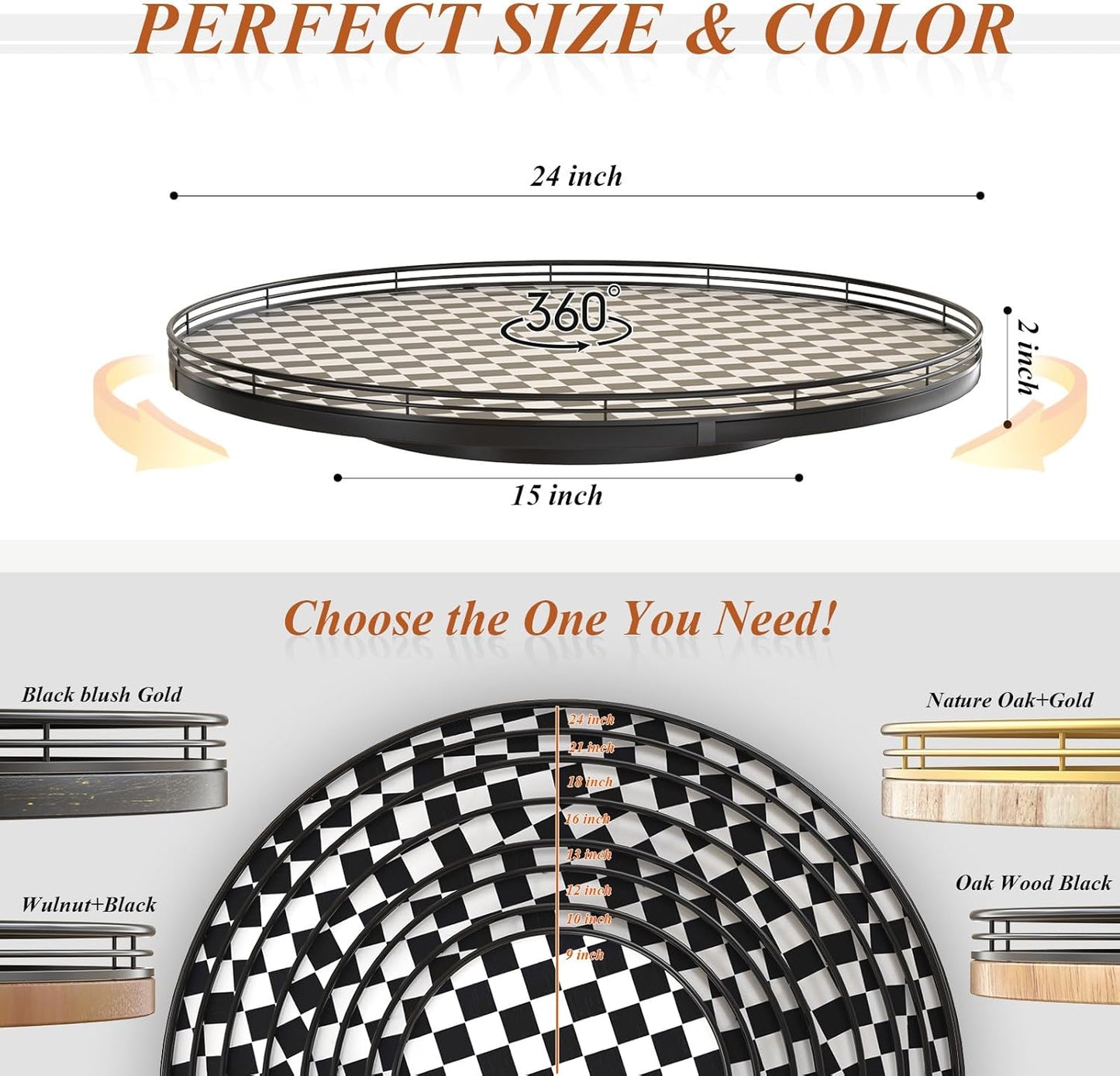24" Black and White Kitchen Lazy Susan Turntable, Round Checkered Decorative Tray, Large Lazy Susan for Dining Table Centerpiece, Pantry, Kitchen, Bathroom, Countertop, Cupboard, Home Decor