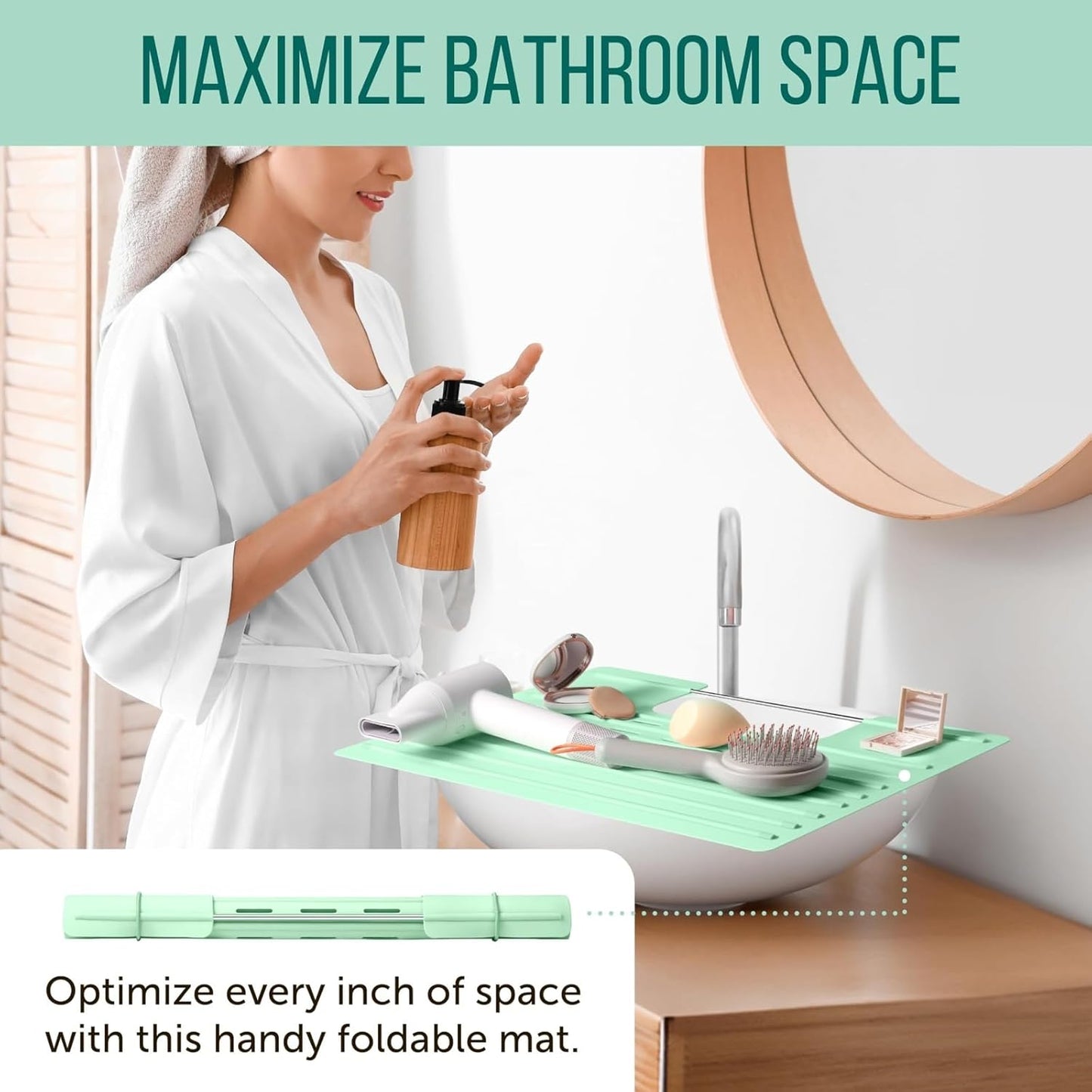 Maplefield Bathroom Sink Cover for Counter Space, Heat Resistant Silicone Sink Mat for Your Beauty Routine, Small Bathroom Space Saver Sink Cover for Makeup (Mint Large, 22 x 2 x 2 Inches)