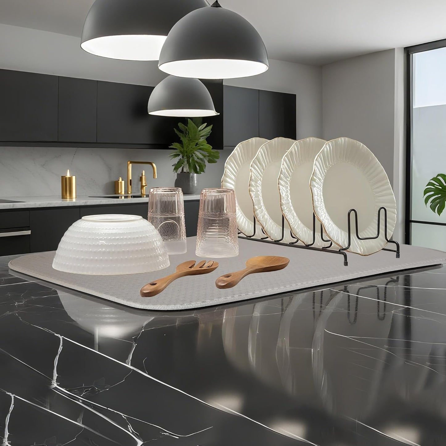 2 Pack Dish Drying Mat, Dish Drying Mats for Kitchen Counter, Microfiber Dish Dryer Mat, Large 20" x 15" Drainer Mats, Highly Absorbent, Machine Washable (Gray)