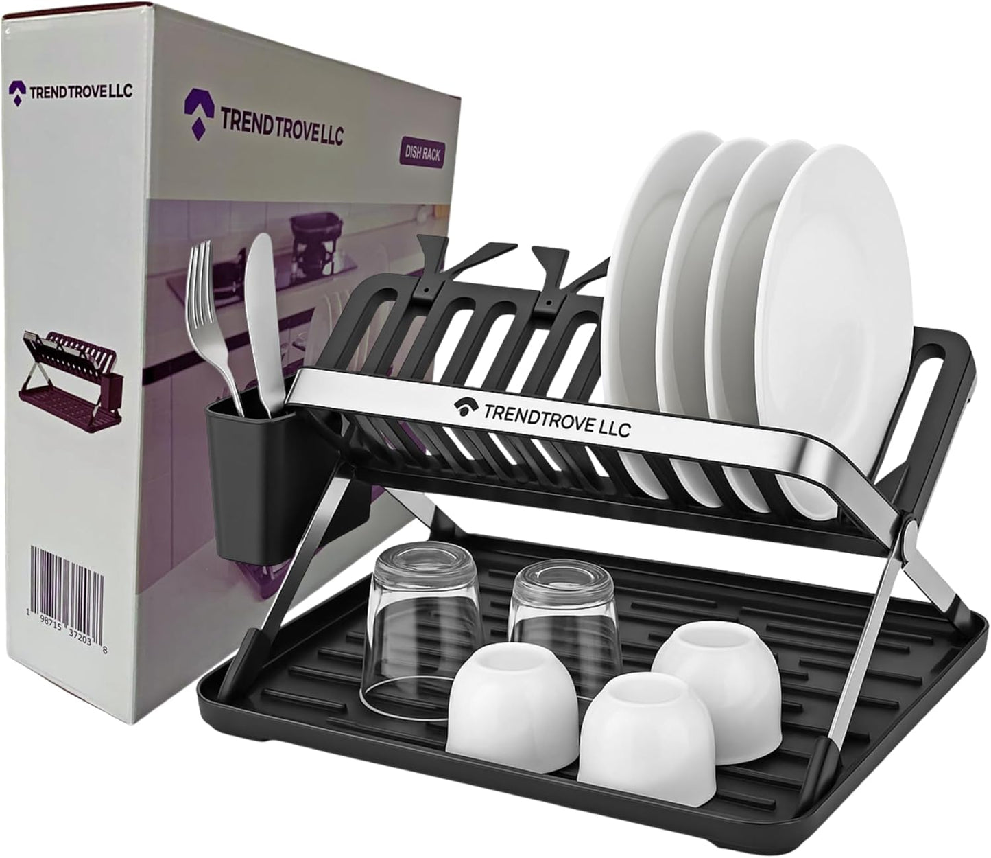 TrendTrove Foldable Dish Drying Rack – Stainless Steel Dish Rack for Kitchen Counter & Over Sink – Compact, Space-Saving Dish Drainer with Drip Tray, Utensil Holder & Plate Dividers (Black/Silver)