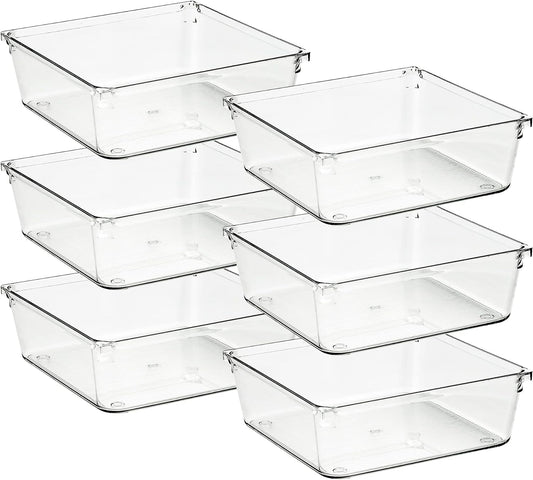 Ravinte 6 Pack Drawer Organizer - 6" X 6" Plastic Storage Bins, Acrylic Organizers with Non-Slip Pads Clear Desk Storage Tray for Makeup, Jewelries, Kitchen Utensils, Bathroom and Office