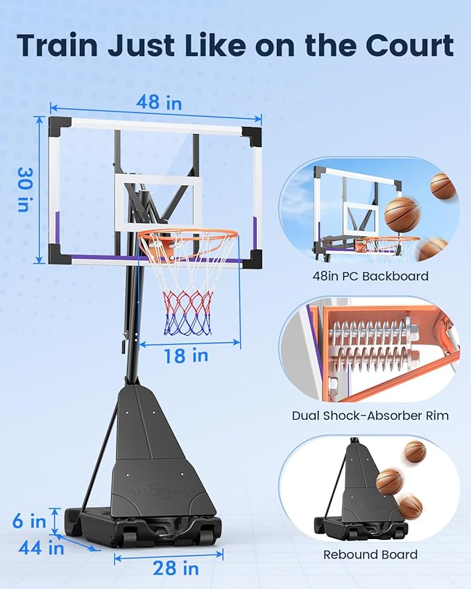 Basketball Hoop Outdoor Portable 44/48 Inch Backboard, 10ft Quickly Adjustable Basketball Goal System with Wheels for Court/Backyard/Driveway