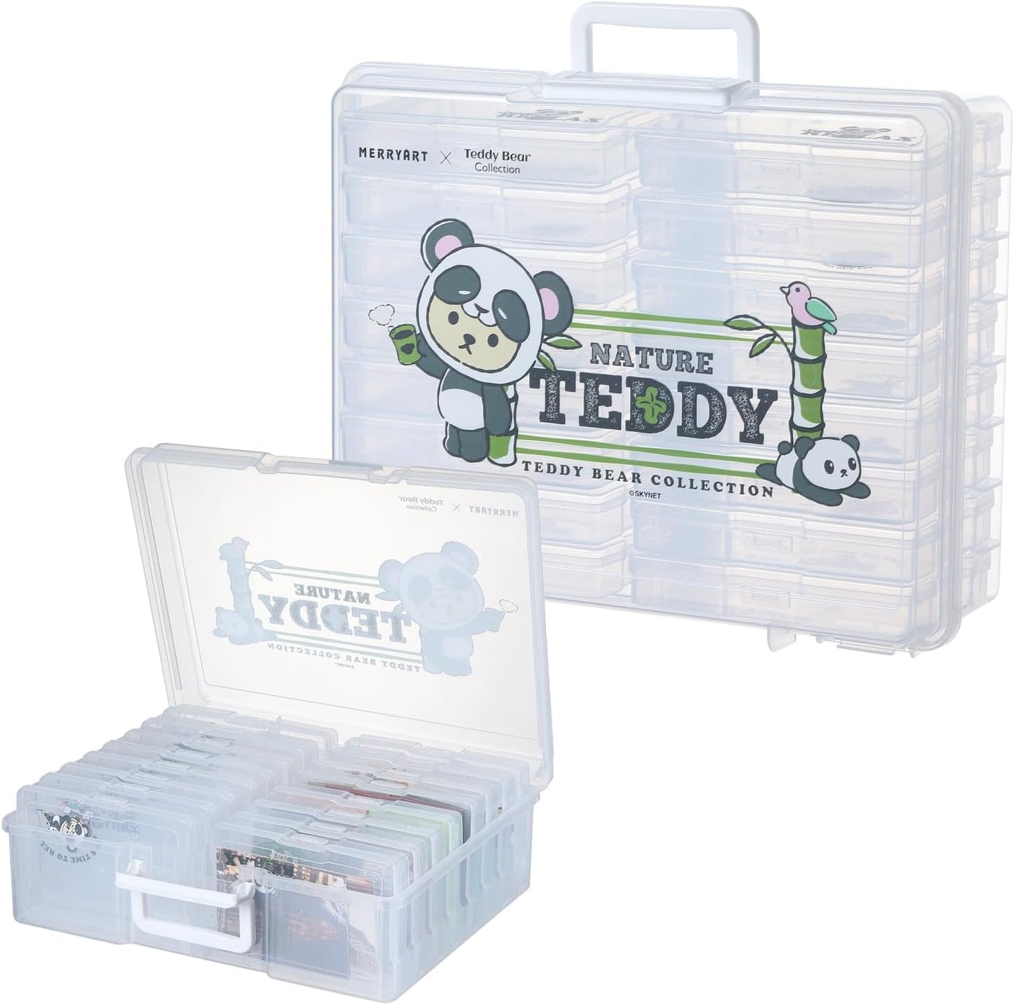 OMNISAFE 4x6 Photo Organizer Cases, Teddy Bear 16 Pack Plastic Craft Storage Container, Box for Pictures, Crafts, Scrapbooking, Transparent Photo Keeper with Handle (Panda Brown)