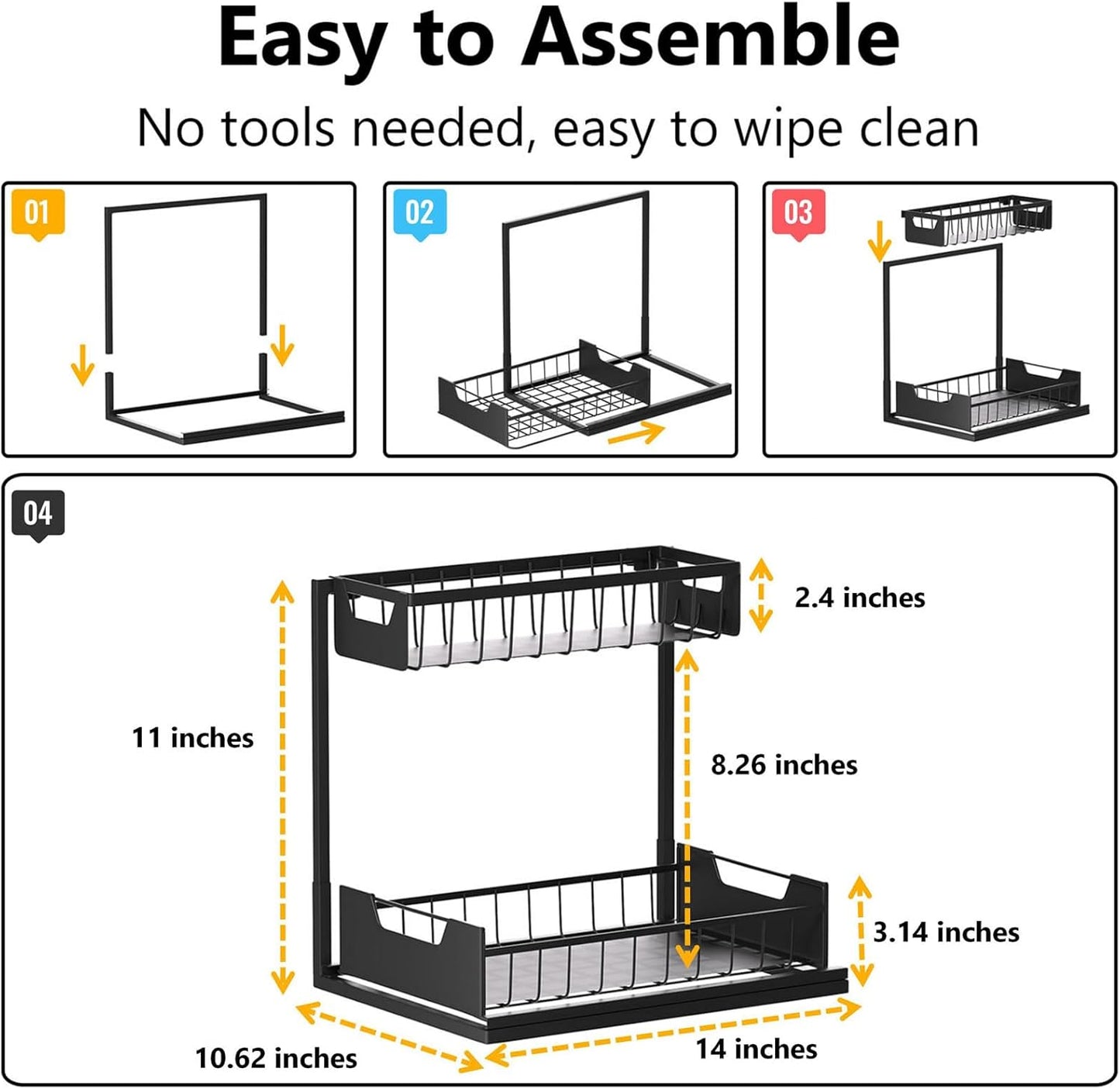 Under Kitchen Sink Organizers and Storage Pull Out 2 Tier Metal Bathroom Cabinet Organizer (Black, 1 Pack)