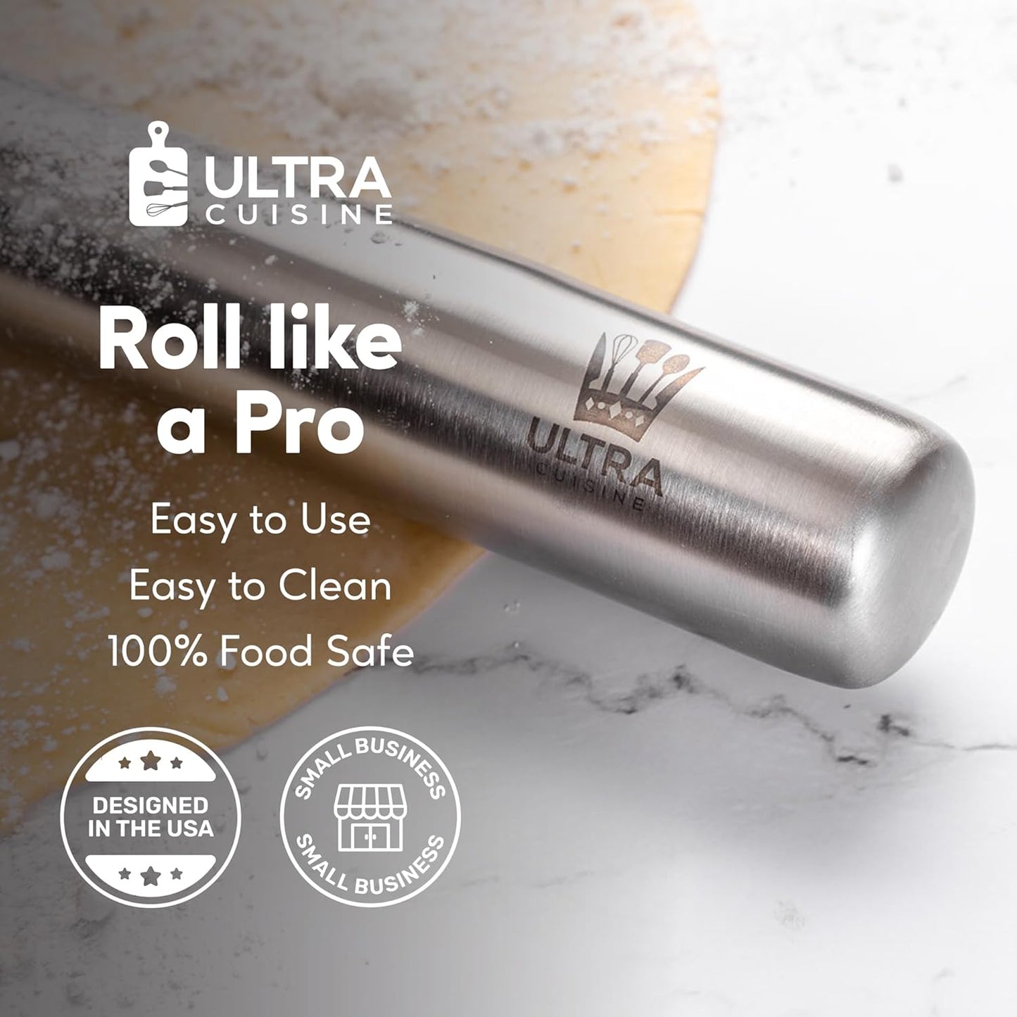 Ultra Cuisine French Rolling Pin for Baking – Use with Pizza, Cookie, and Pastry Dough, Fondant and Pie Crust – Tapered Design Bread Roller Pin, Stainless Steel 15.75-inch Large Roller Pin