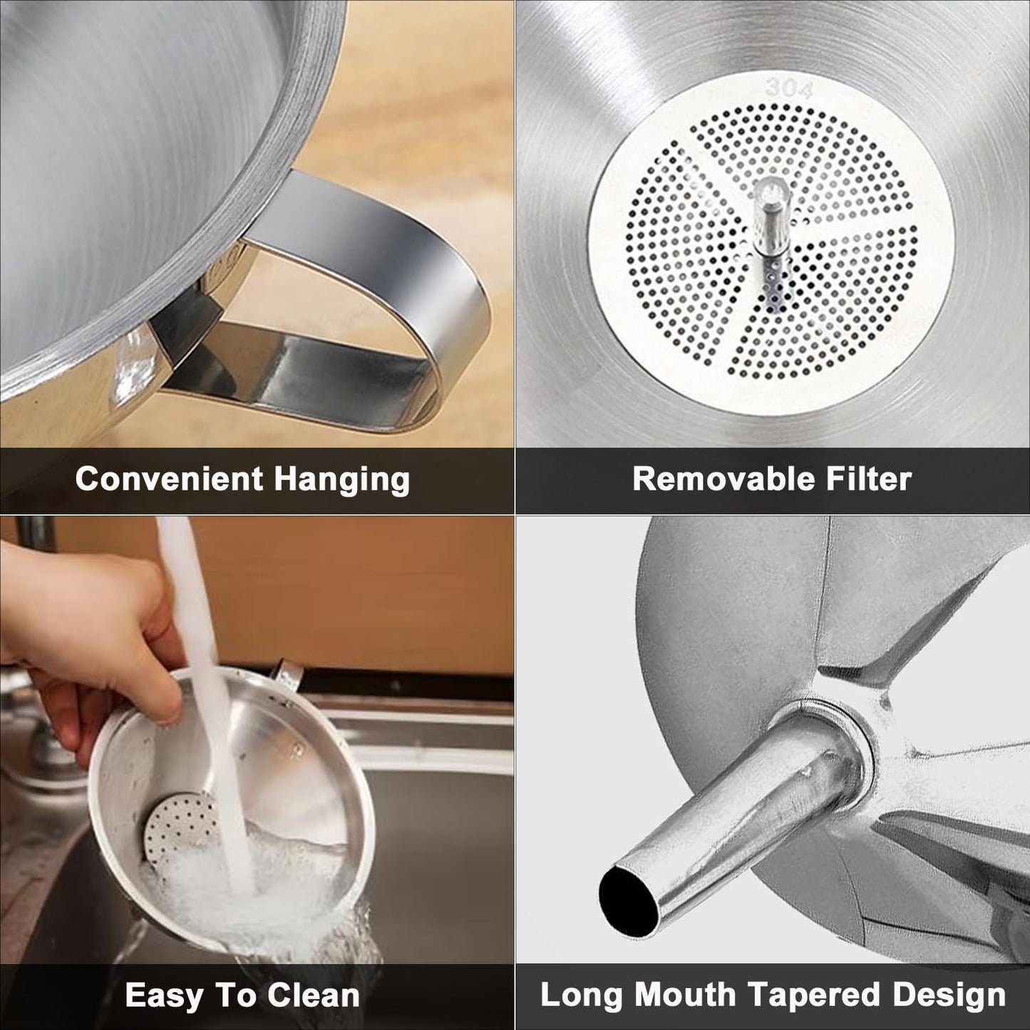 Stainless Steel Funnels for Kitchen use,4PCS Kitchen Metal Funnel with 2 Removable Strainer,Cleaning Brush.Funnel for Filling Bottles,for Transferring of Liquid,Oils,Jam (5.1",3",2.2",1.8")