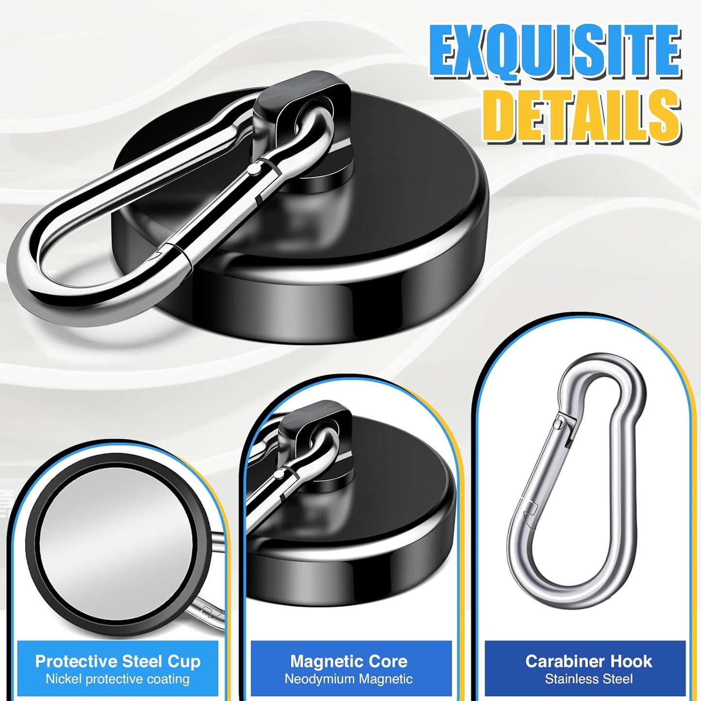 200Lbs Magnetic Carabiner Hooks, 2 Pack Strong Magnetic Hooks Heavy Duty with Swivel Carabiner for Cruise, Black Neodymium Magnet Hooks Magnetic Wall Hanger for Hanging, Toolbox, Grill, Cabins