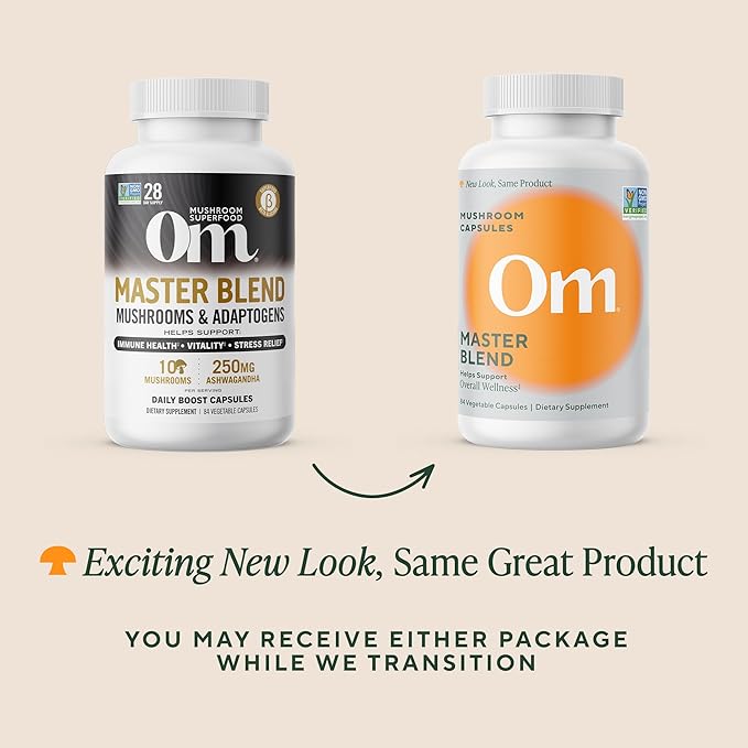 Om Master Blend Mushroom Capsules - Organic Mushroom Supplement with 10 Mushrooms and Ashwagandha – Support Immunity, Gut Health & Stress Relief, 84 Count (28 Servings)