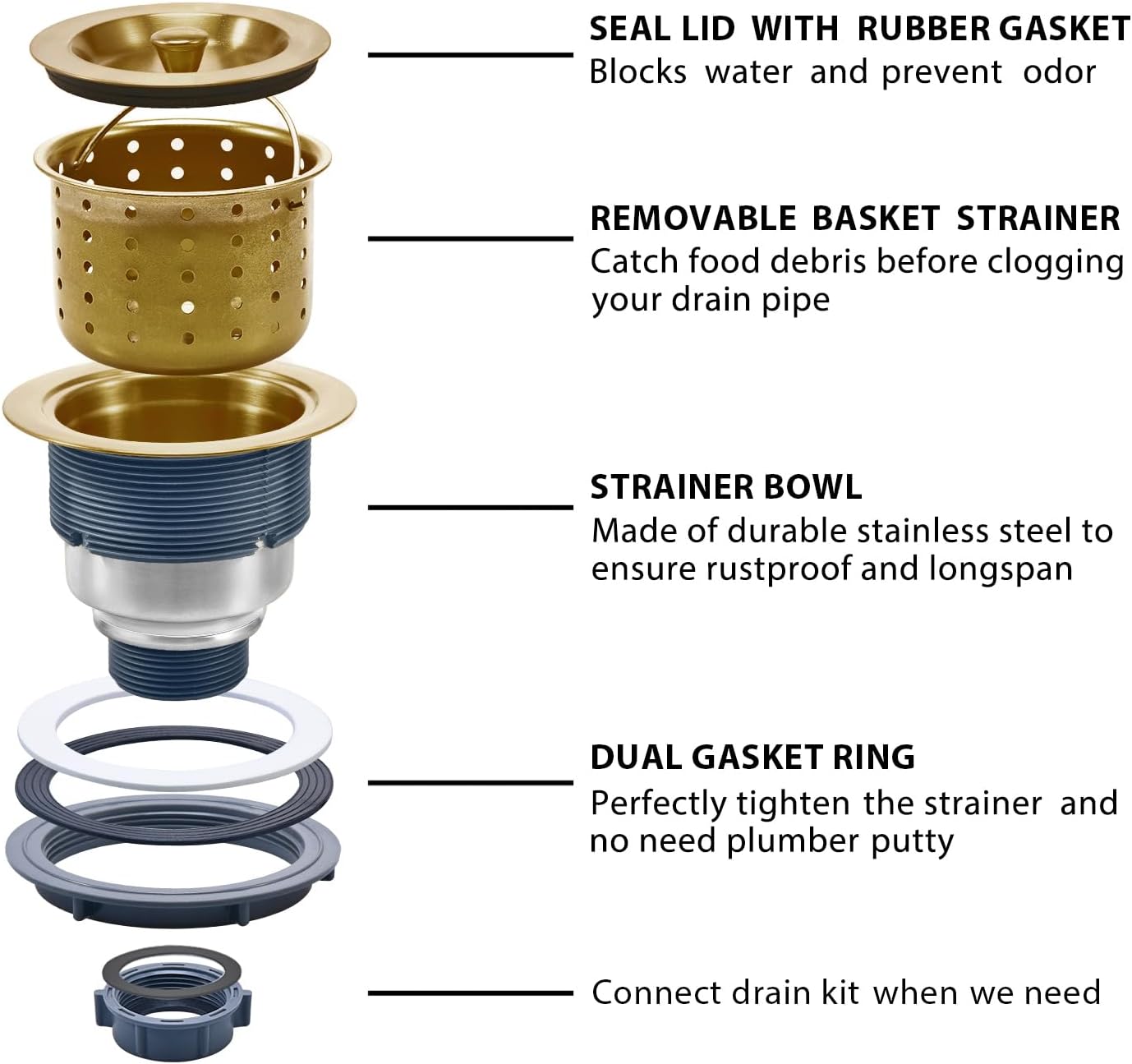 KONE 3-1/2 Inch Gold Sink Drain, Durable Stainless Steel Brass Kitchen Sink Drain Assembly Kit with Sink Strainer Waste Basket/Strainer Assembly/Sealing Lid for Standard Kitchen Sink
