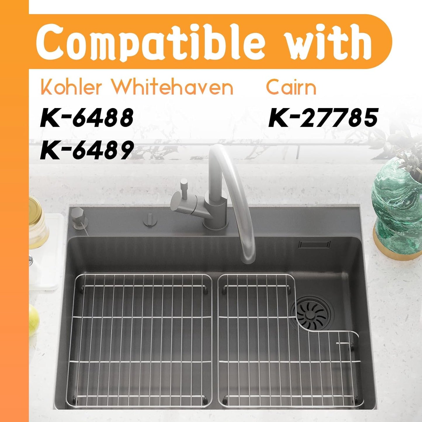 29.12''x14.7'' 6489 Sink Rack K-6639-ST Whitehaven Bottom Basin Racks For Kohler K-6488 Bottom Basin Racks Includes Right&Left with Stainless Steel 6488 Farmhouse Sink Protectors compatible