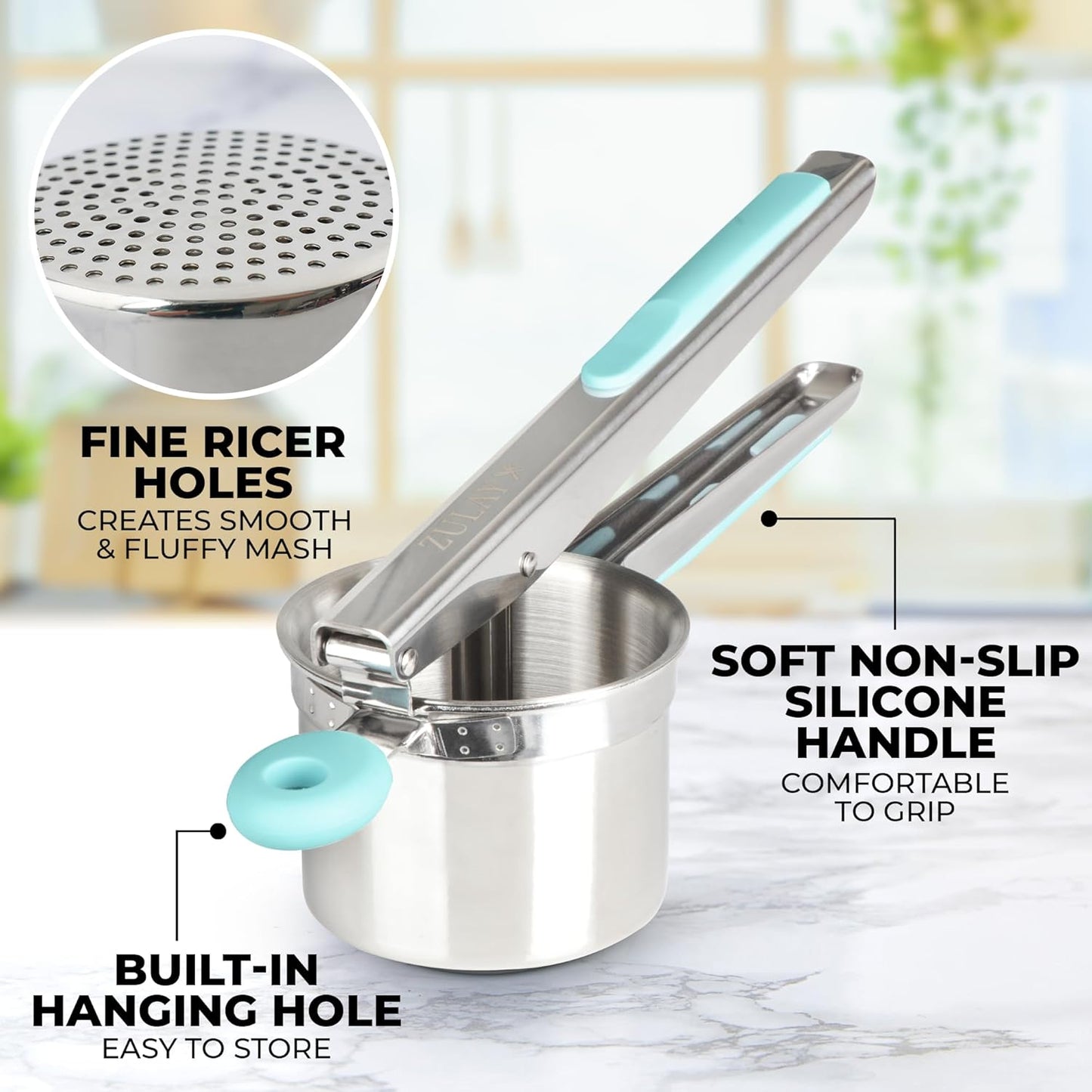 Zulay Kitchen Premium Large 15oz Potato Ricer, Heavy Duty Professional Stainless Steel Potato Masher and Ricer Kitchen Tool, Press and Mash Kitchen Gadget - Turquoise