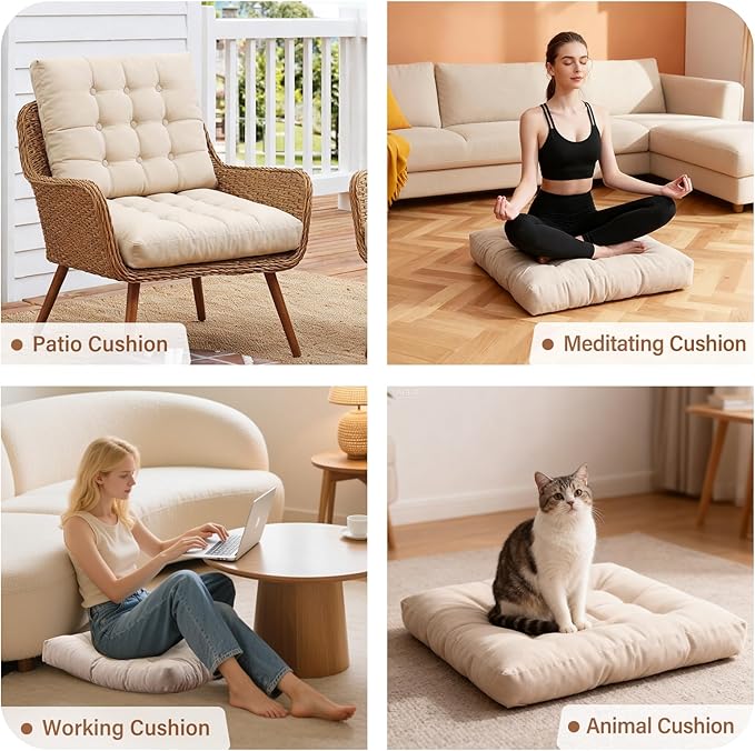 Tiita Square Outdoor Cushions Floor Pillow Thicken Tufted Seat Cushion for Adult Seating on Floor Yoga Meditation Living Room Balcony Office Indoor (Beige, 22 Inch (Pack of 1))